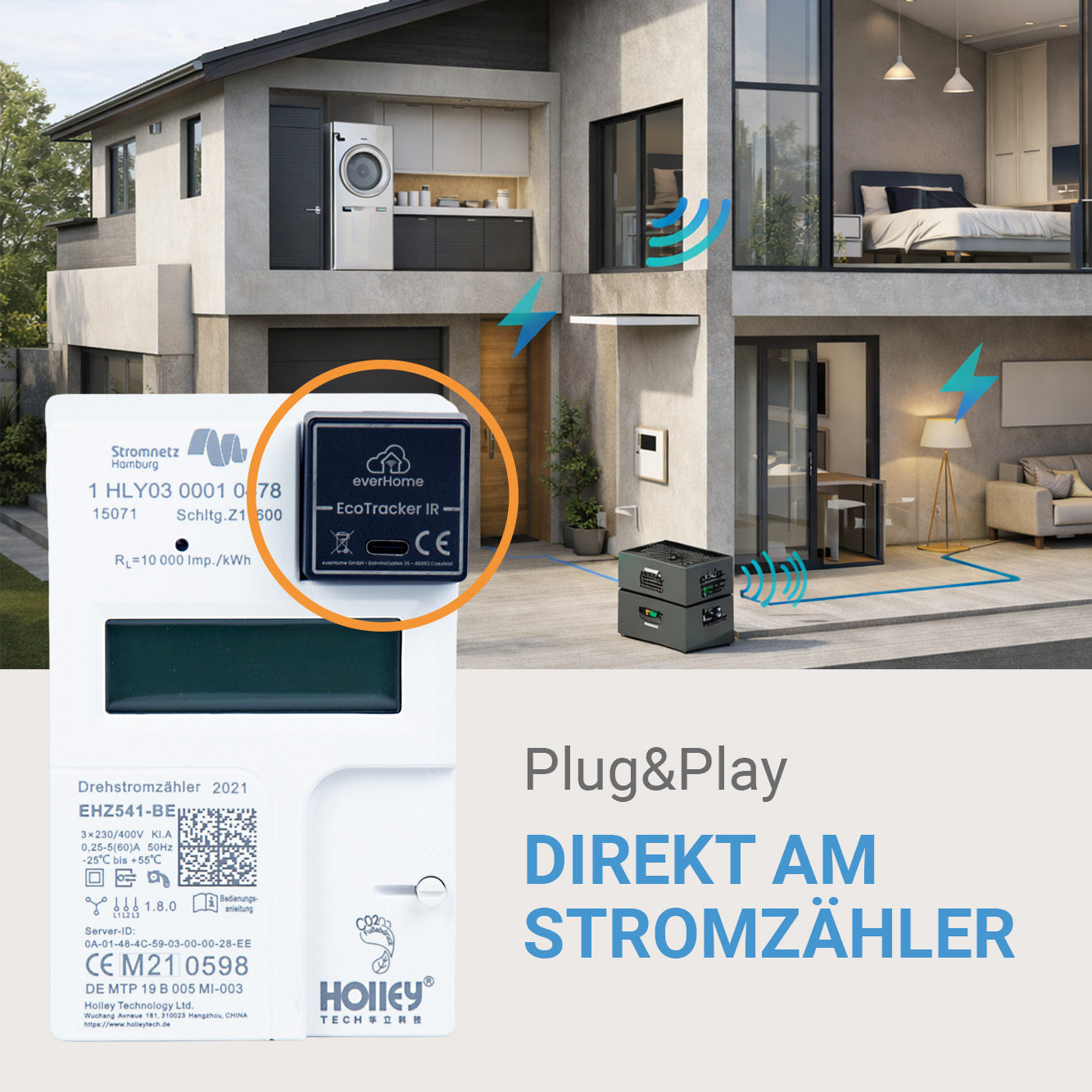 Ein Stromzähler mit Infrarot-Sensor vor einem modernen Haus, mit dem Text Plug and Play DIREKT AM STROMZÄHLER.