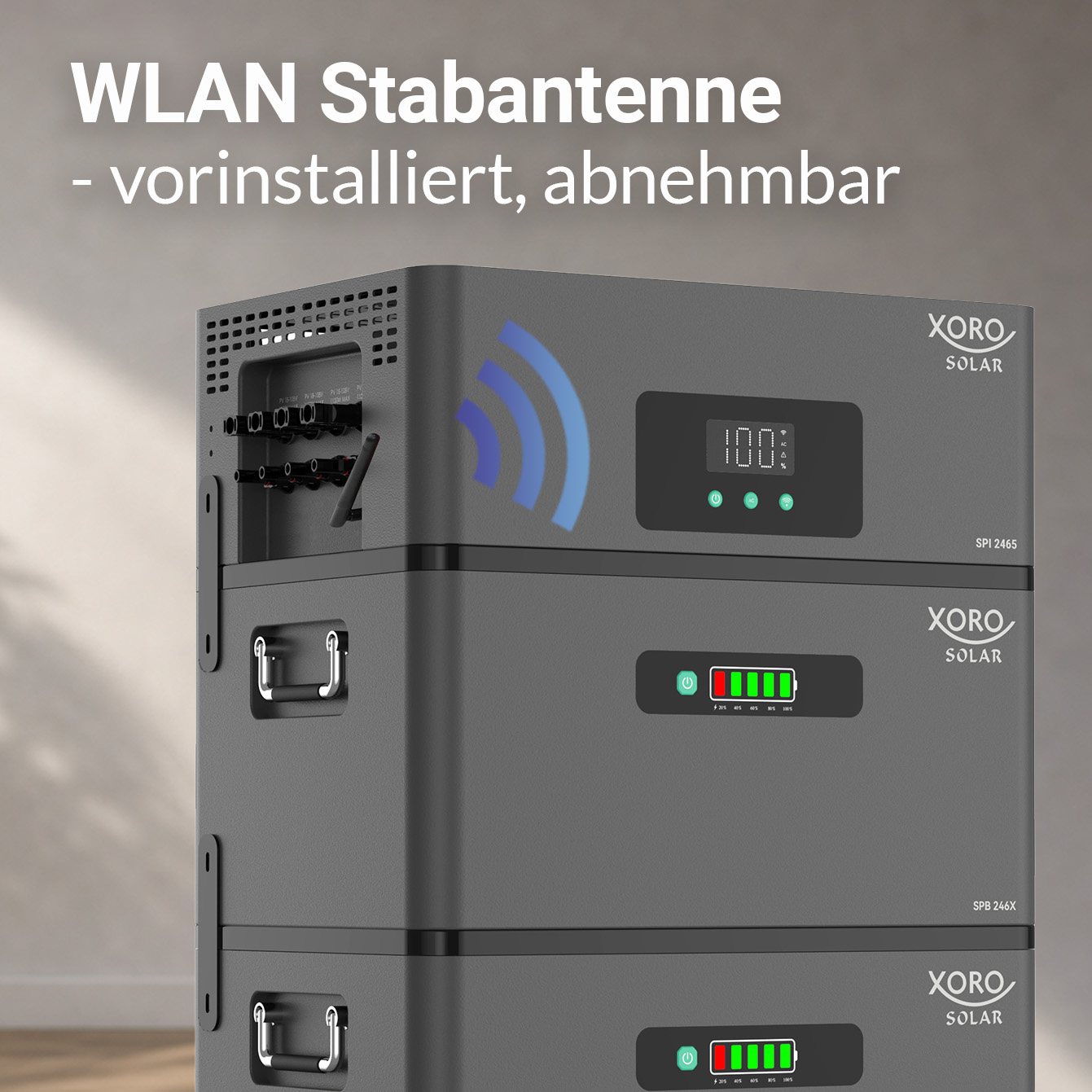 Stabantenne und WLAN-Symbol auf Xoro Solar Speichergerät mit Digitaldisplay.