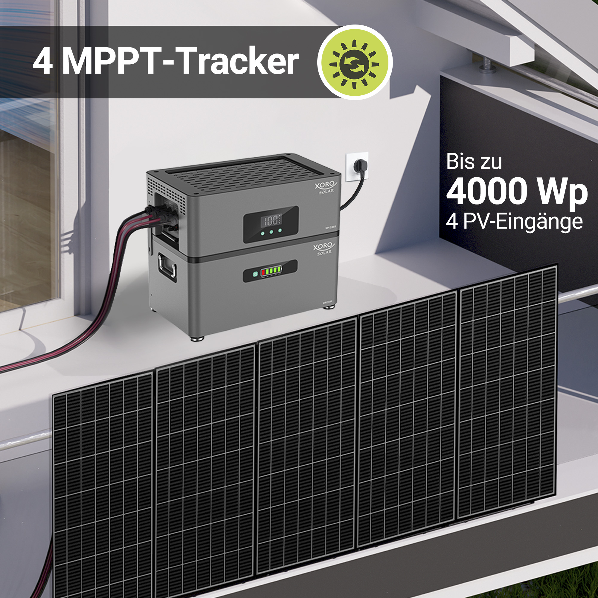 Grauer Xoro Solar-Wechselrichter mit angeschlossenen Solarmodulen auf dem Balkon und Textoverlays.