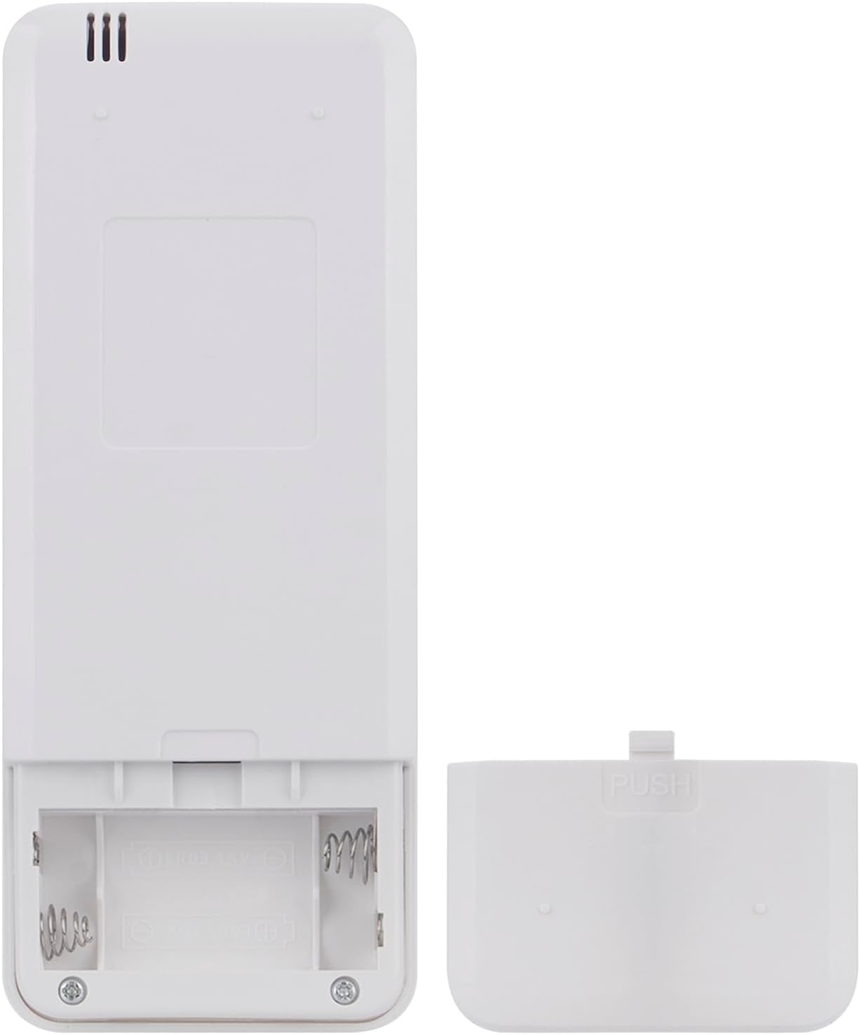 Weiße Fernbedienung mit geöffnetem Batteriefach und abgenommener Abdeckung.