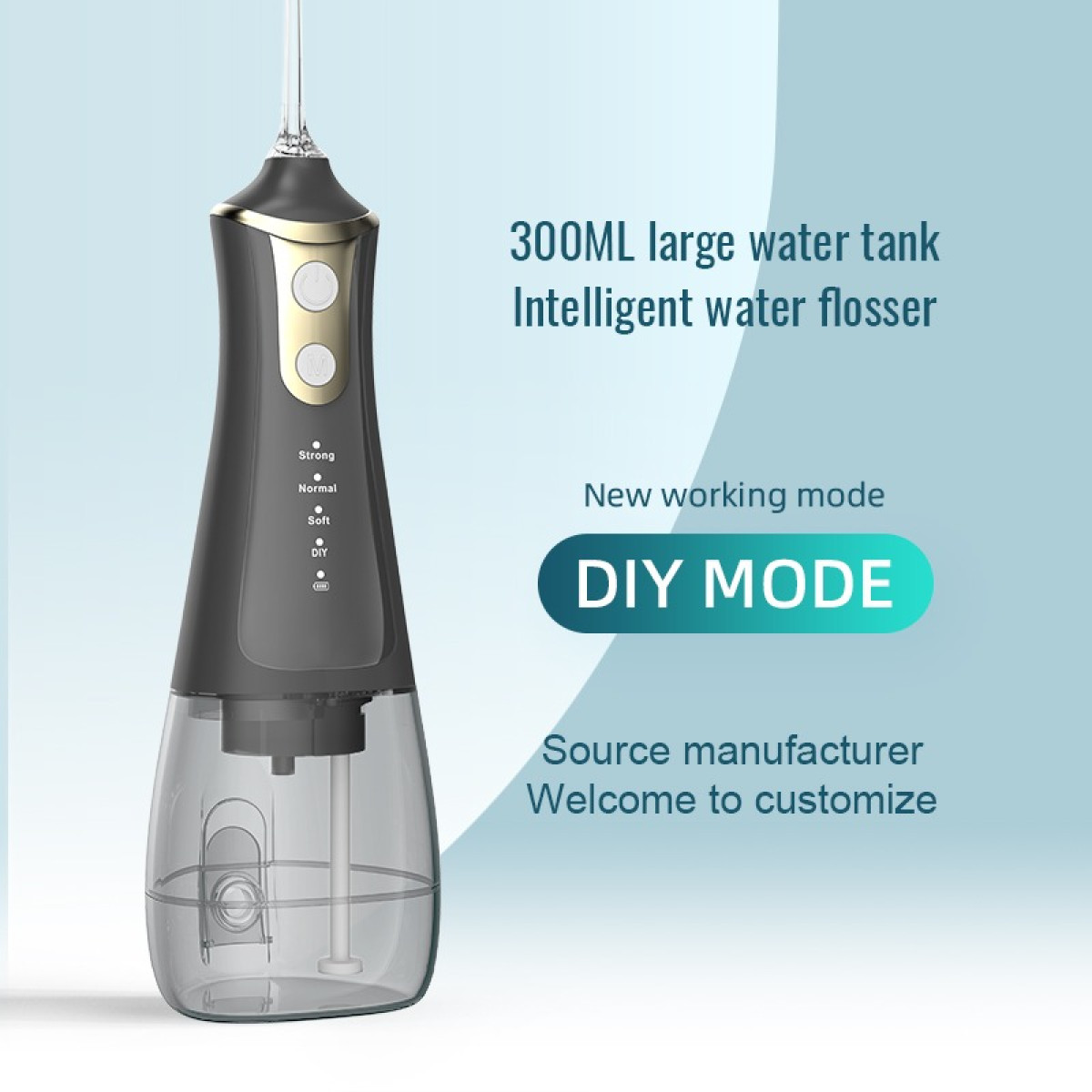 Ein grauer kabelloser Zahnseide-Wasserfaden mit 300ml Tank und DIY-Modus auf blauem Hintergrund.