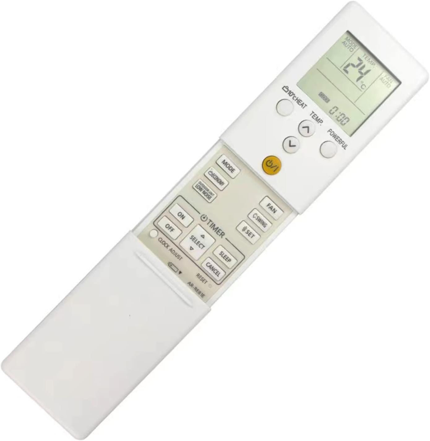 Eine weiße Klimaanlagen-Fernbedienung mit LCD-Bildschirm und Tasten, teilweise von einer Schiebeabdeckung bedeckt.
