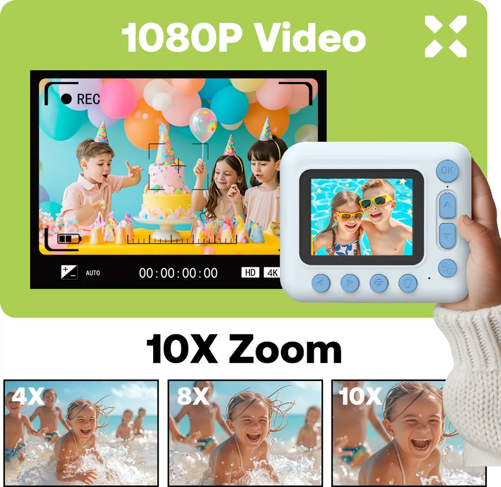 Eine Hand hält eine weiße Kinderkamera, die zoomt und Videos aufzeichnet.