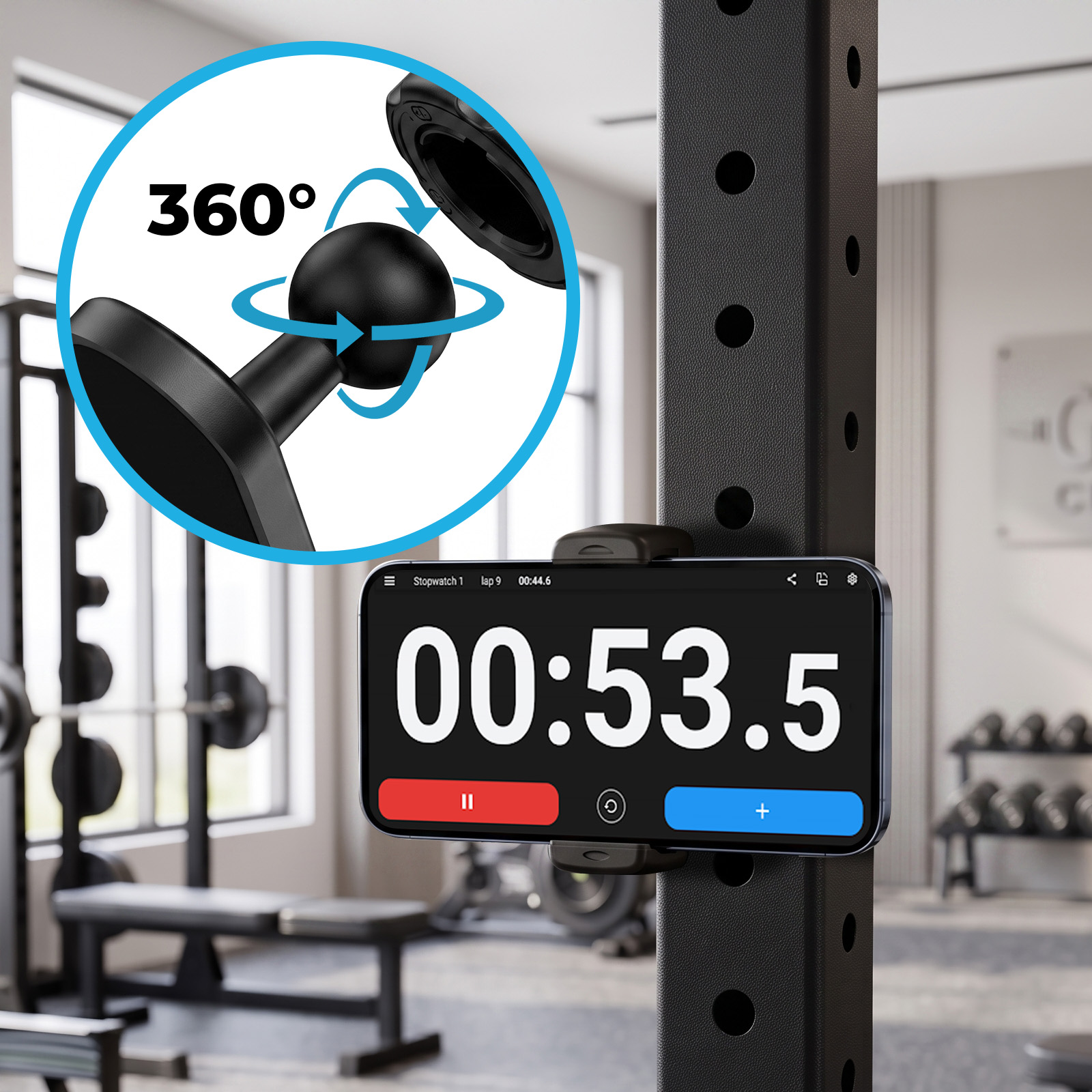 Smartphone mit Stoppuhr in einem Fitnessstudio, mit Inset zeigt 360-Grad-Kugelgelenk.