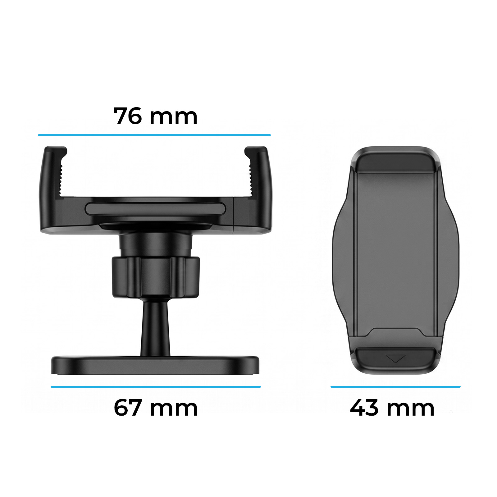 Schwarze Handyhalterung aus zwei Blickwinkeln mit Maßen von 76 mm, 67 mm und 43 mm.