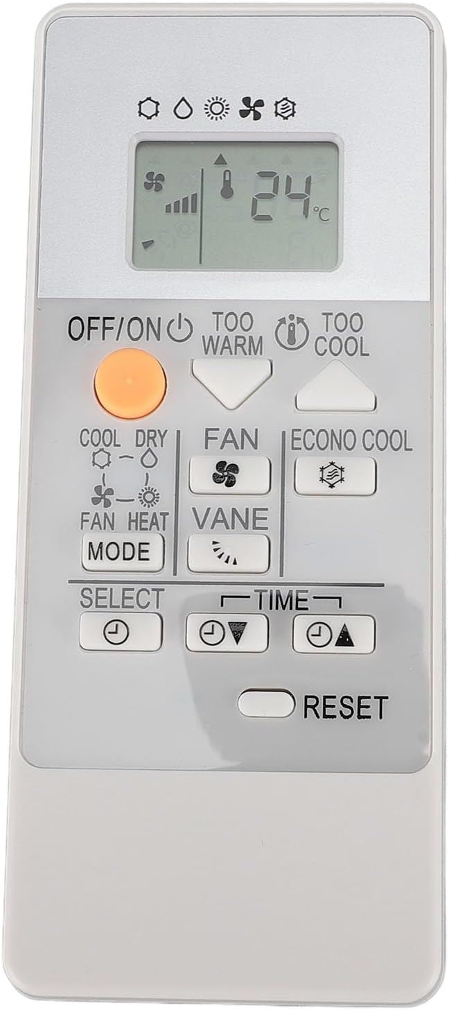 Eine weiße Klimaanlagen-Fernbedienung mit LCD-Bildschirm, orangem Ein/Aus-Knopf und verschiedenen Funktionstasten.