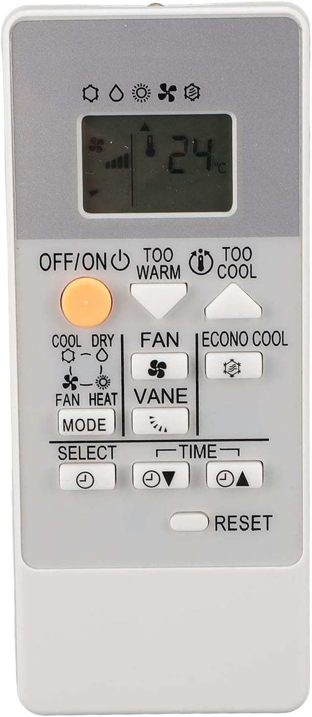 Eine weiße Klimaanlagen-Fernbedienung mit LCD-Bildschirm und Tasten für OFF/ON, Temperatur und Modi.