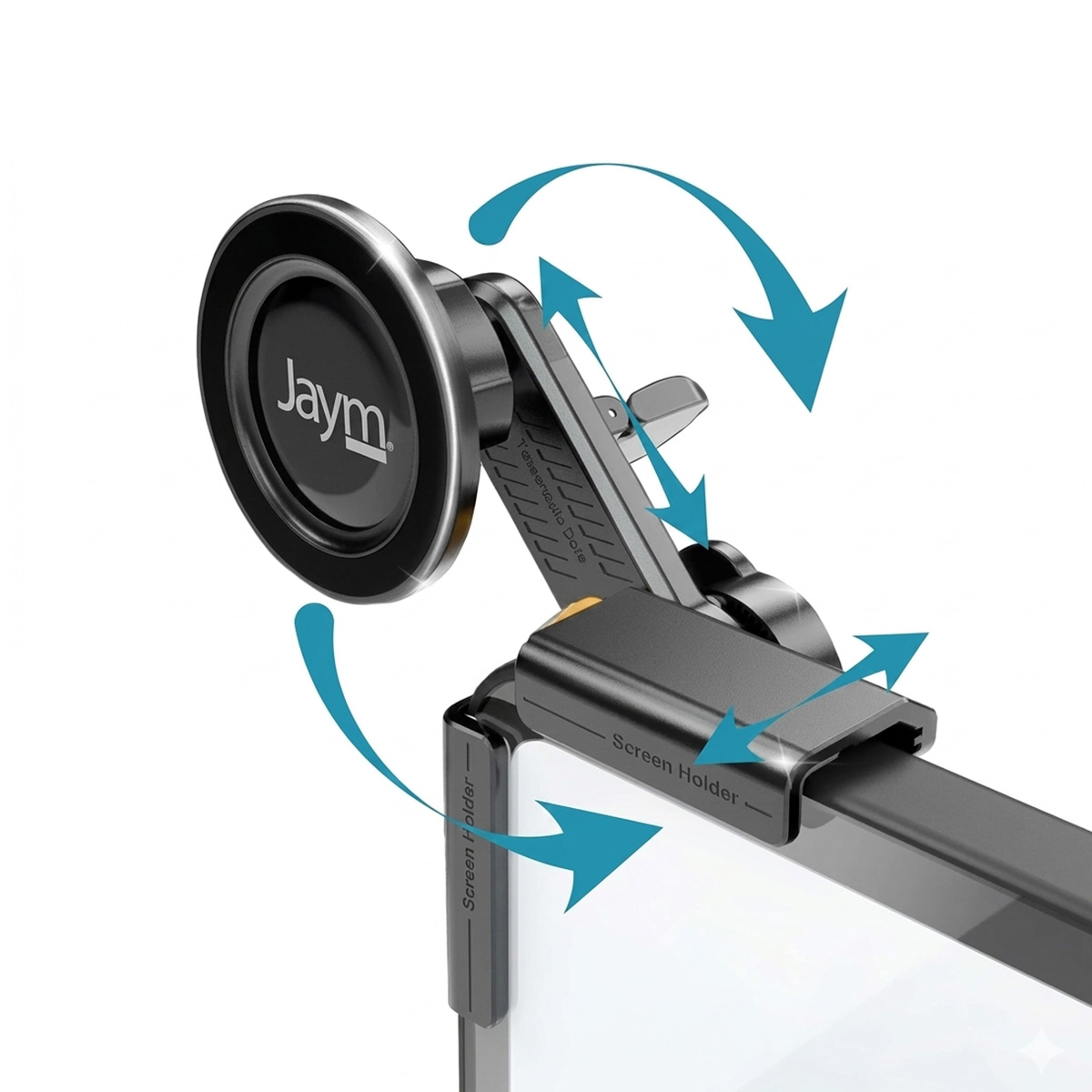 Ein magnetischer Jaym-Bildschirmhalter mit blauen Pfeilen, die die Rotationsrichtung zeigen.