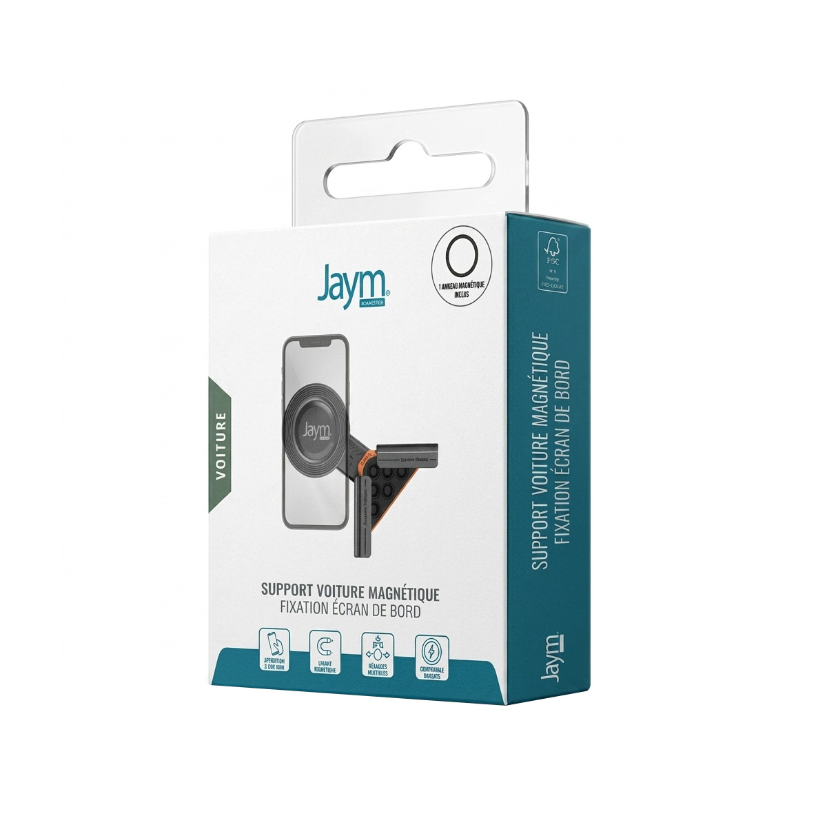 Weiße und türkise Produktverpackung für eine magnetische Autohalterung mit Smartphone-Grafik.