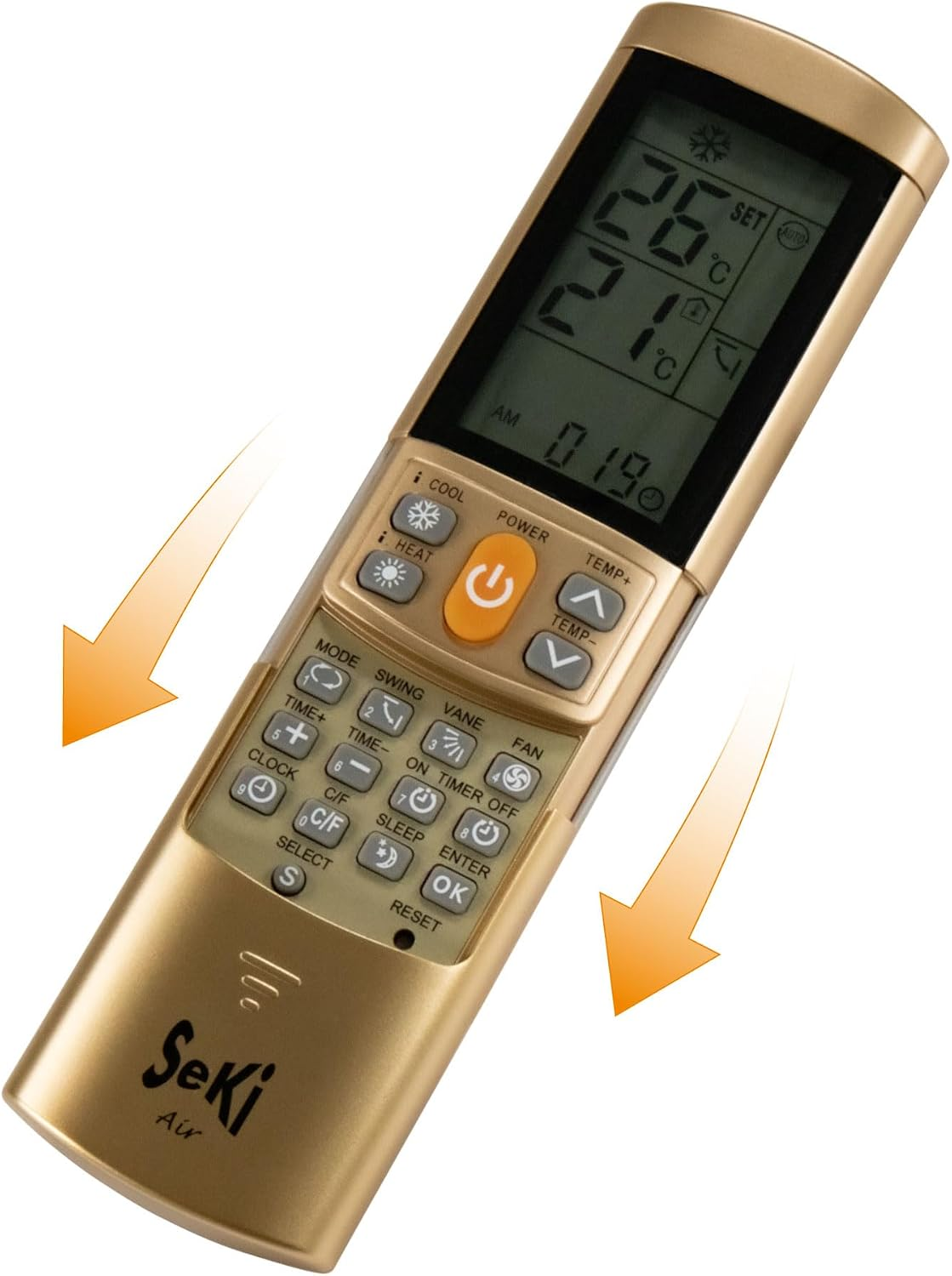 Eine goldfarbene Seki Air Fernbedienung mit LCD-Bildschirm und verschiedenen Tasten, orange und graue Akzente.