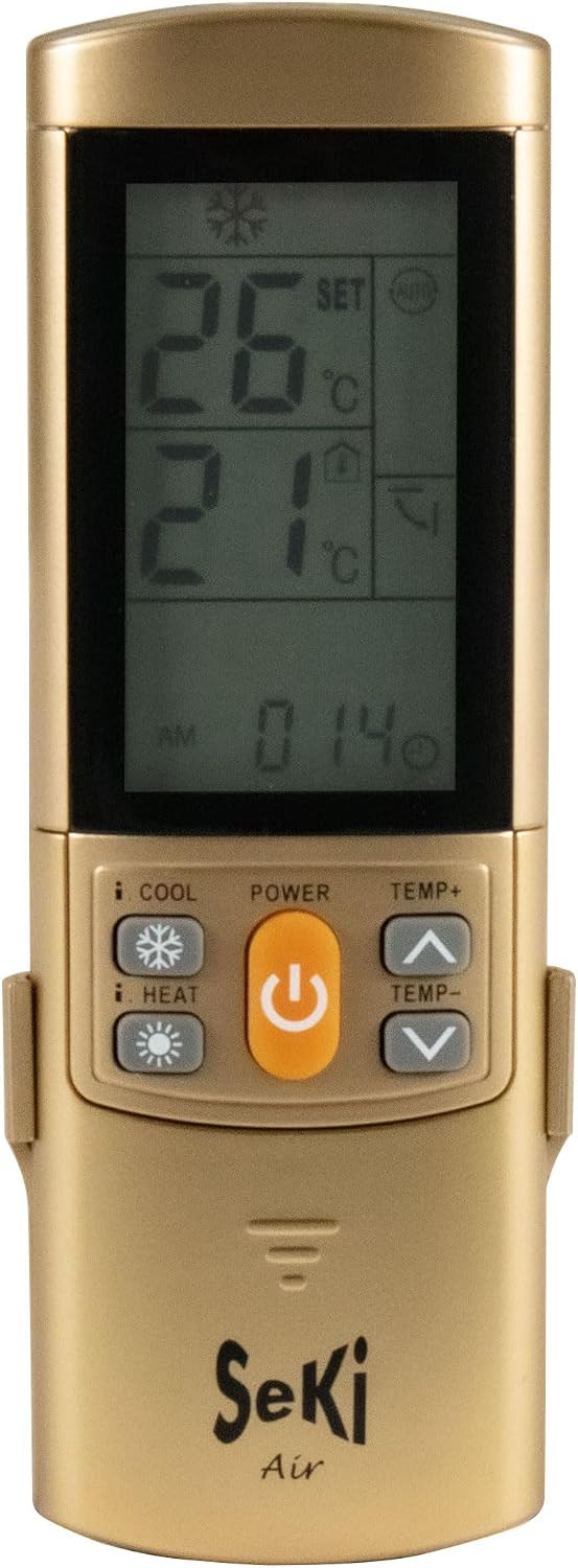 Goldfarbene Seki Air Klimaanlagenfernbedienung mit LCD-Bildschirm und orangefarbenem Ein-Aus-Knopf.