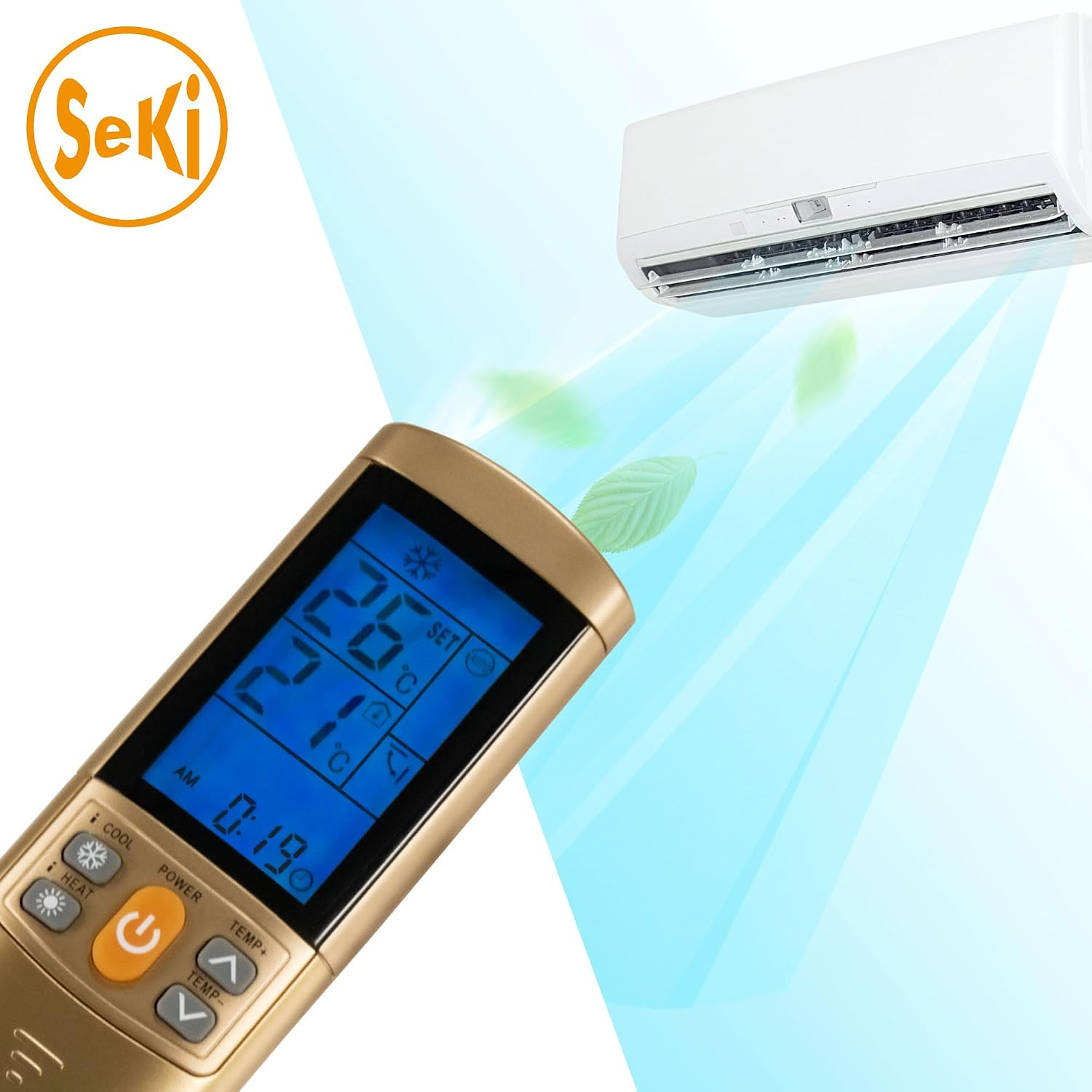Eine goldene Klimaanlagenfernbedienung mit blauem Display steuert eine weiße Klimaanlage, die kühle Luft und Blätter strömt.