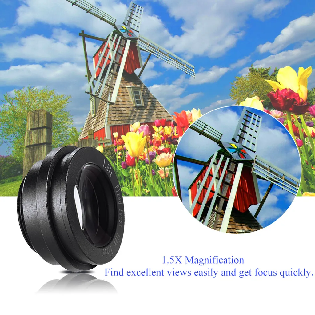 1.5x Vergrößerungslinse vor einer farbenfrohen Windmühle und Tulpen.