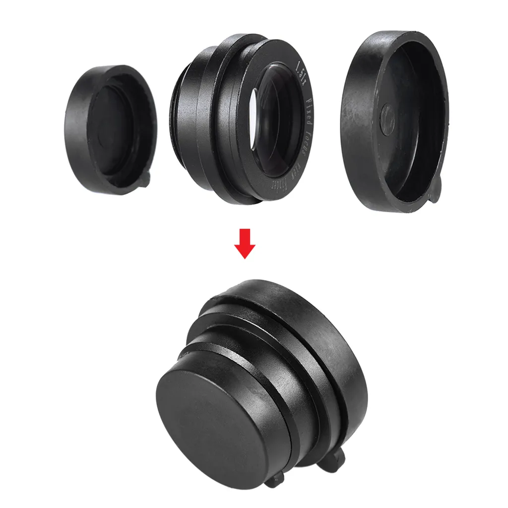 Ein schwarzes optisches Linsenelement mit zwei Schutzabdeckungen und einem Pfeil nach unten.