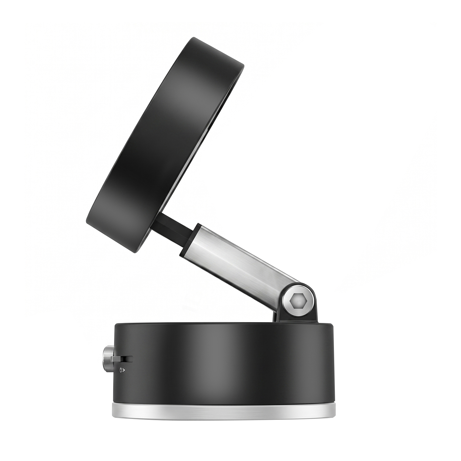 Moderne schwarze Lampe mit silbernem Arm und rundem Sockel auf weißem Grund.
