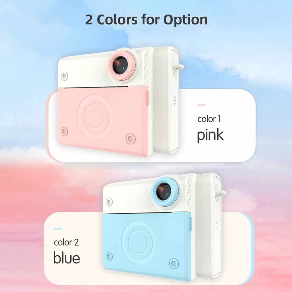 Zwei kleine Sofortbildkameras in den Farben Pink und Blau auf einem rosa und blauem Hintergrund.