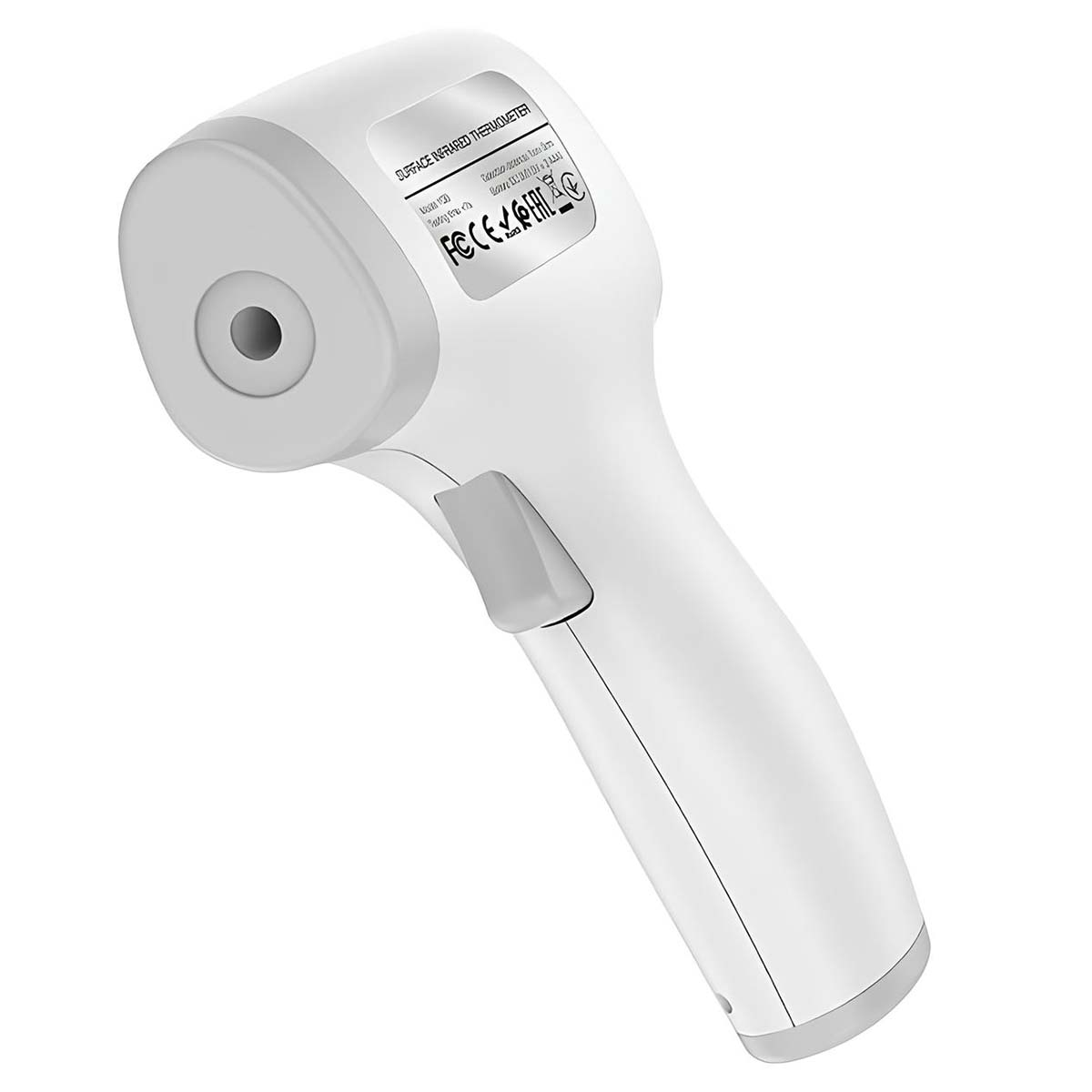 Ein weißes digitales Infrarot-Thermometer mit grauem Abzug und Sensorspitze vor weißem Hintergrund.