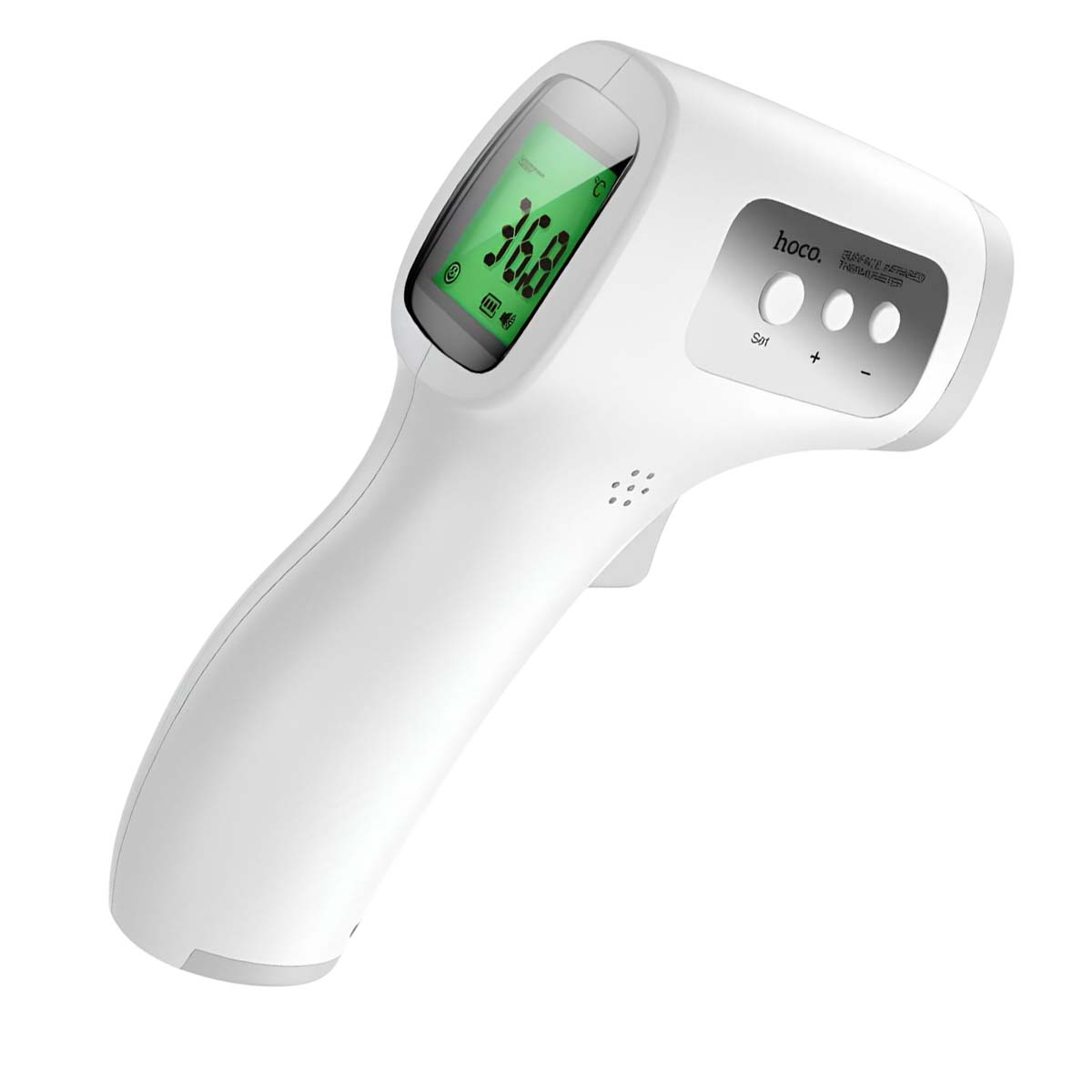 Ein weißes digitales Infrarot-Fieberthermometer mit grünem Display auf weißem Hintergrund.