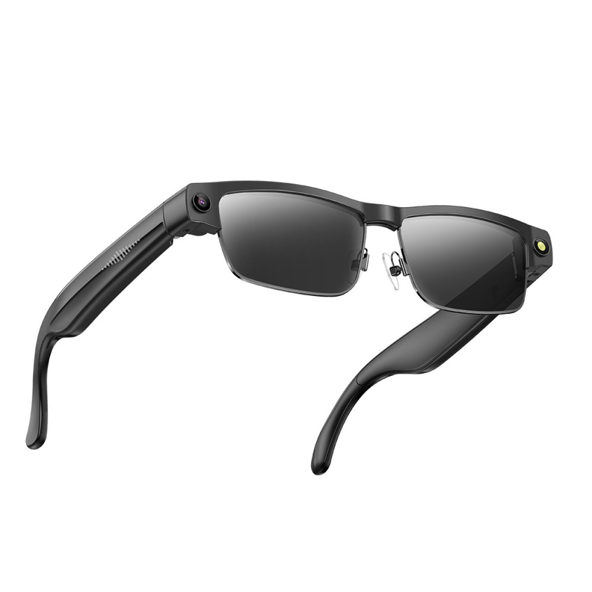 Schwarze intelligente Brille mit eingebauter Kamera im Rahmen auf weißem Hintergrund.