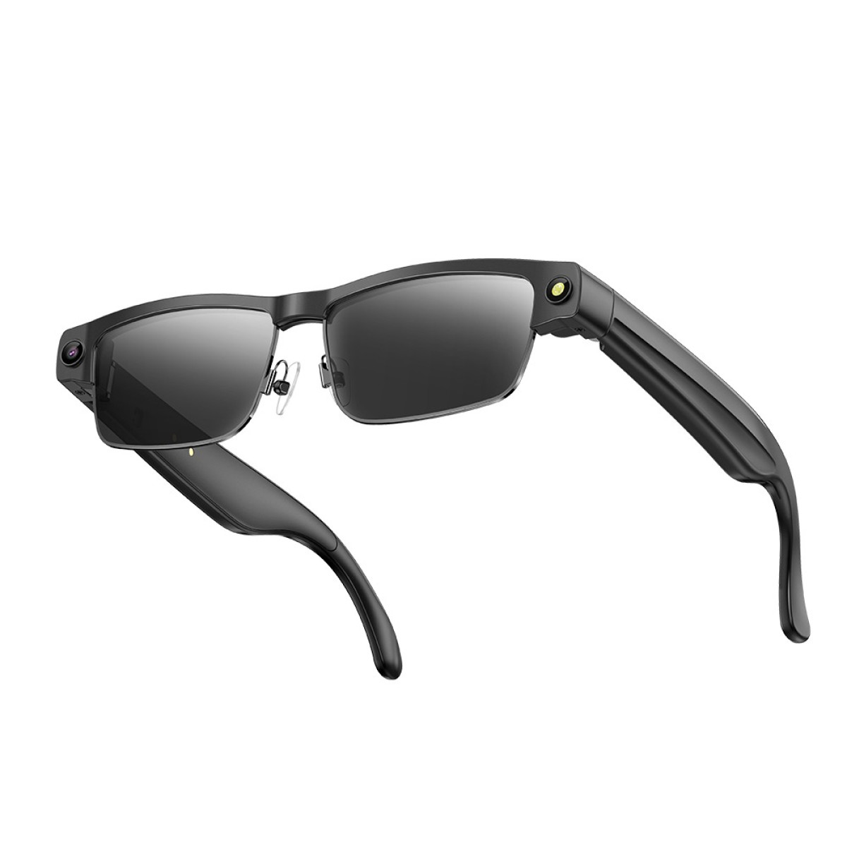 Schlichte schwarze Smart Glasses mit dunklen Gläsern, einer kleinen Kamera links und einer gelben Anzeigelampe rechts.