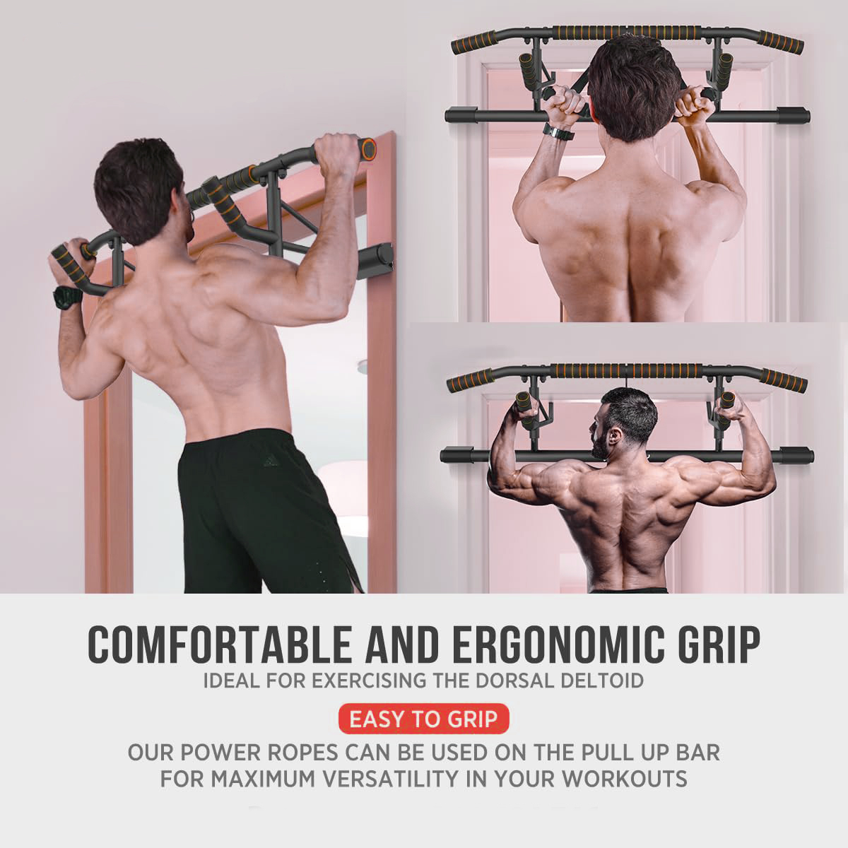Ein oberkörperfreier Mann macht Klimmzüge an einer ergonomischen Türstange und zeigt den Griff und Rückentraining.