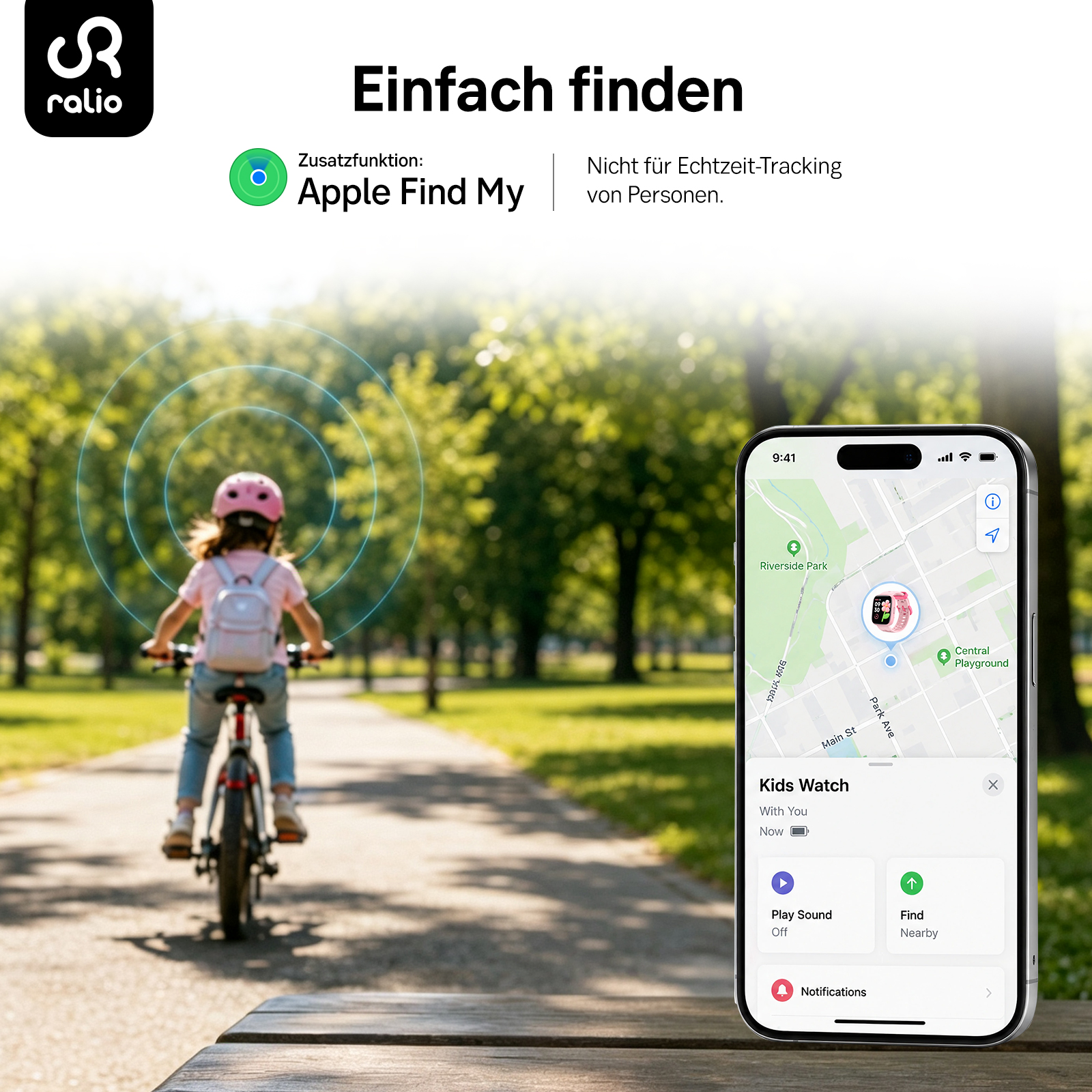 Ein Kind radelt im Park, während eine Smartphone-App den Standort auf einer Karte anzeigt.