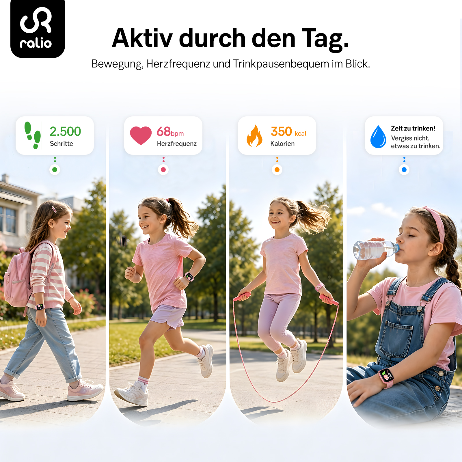 Eine Infografik mit einem Mädchen, das eine Smartwatch trägt, beim Gehen, Laufen, Seilspringen und Wassertrinken.