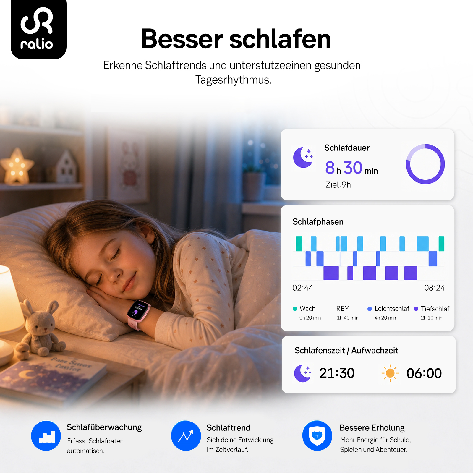 Ein Kind schläft friedlich im Bett mit einer Smartwatch, während Schlafdaten in Grafiken angezeigt werden.