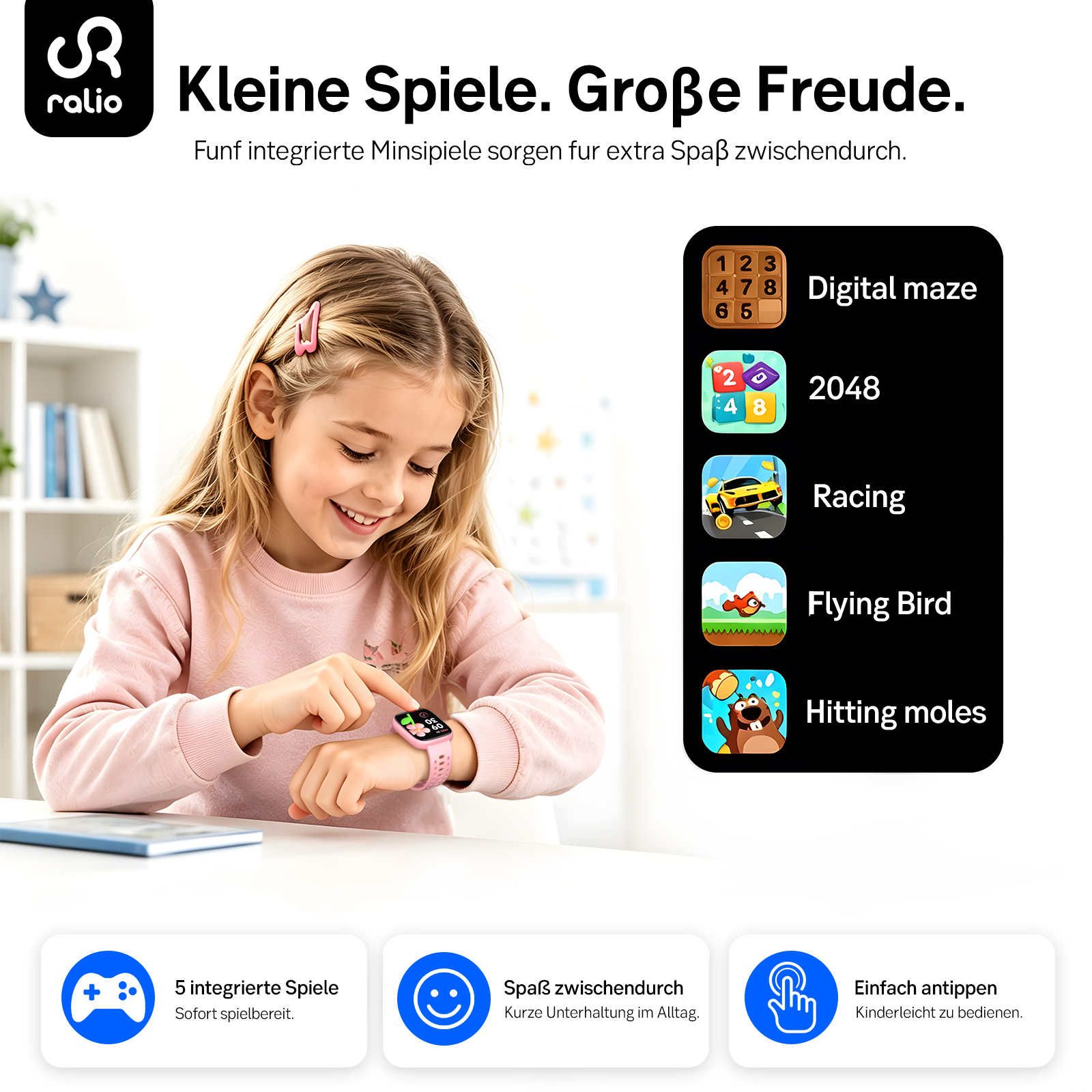 Ein lächelndes Mädchen bedient eine pinke Smartwatch mit fünf Minispielen rechts.