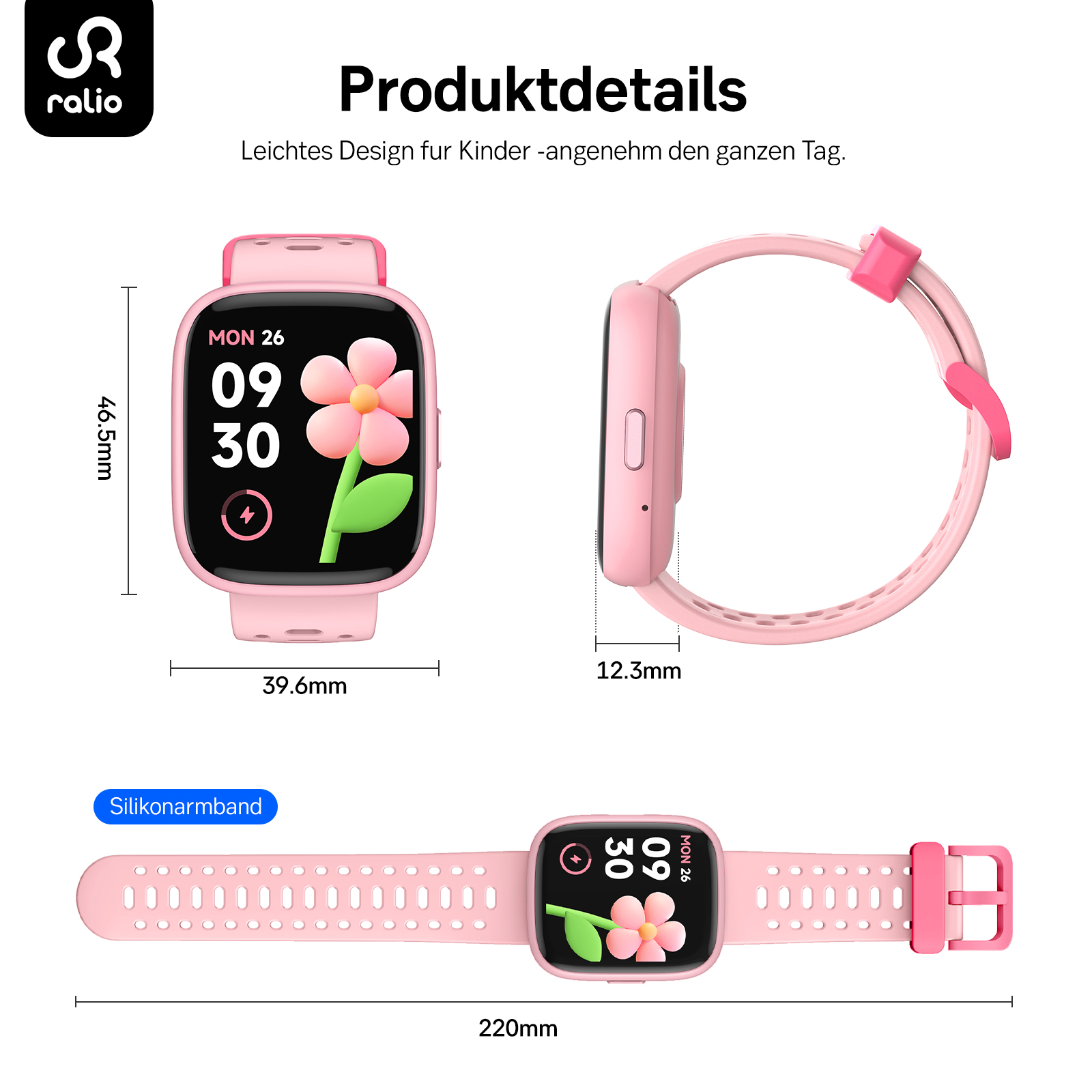 Pinkfarbene Kinder-Smartwatch mit Maßen, blumigem Zifferblatt und Silikonarmband.