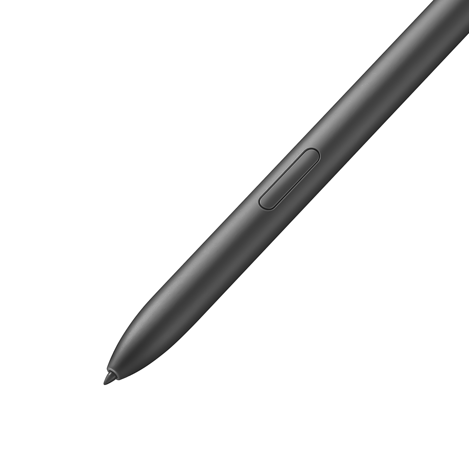 Ein schwarzer digitaler Eingabestift mit einem kleinen Knopf und einer spitzen Mine auf weißem Hintergrund.