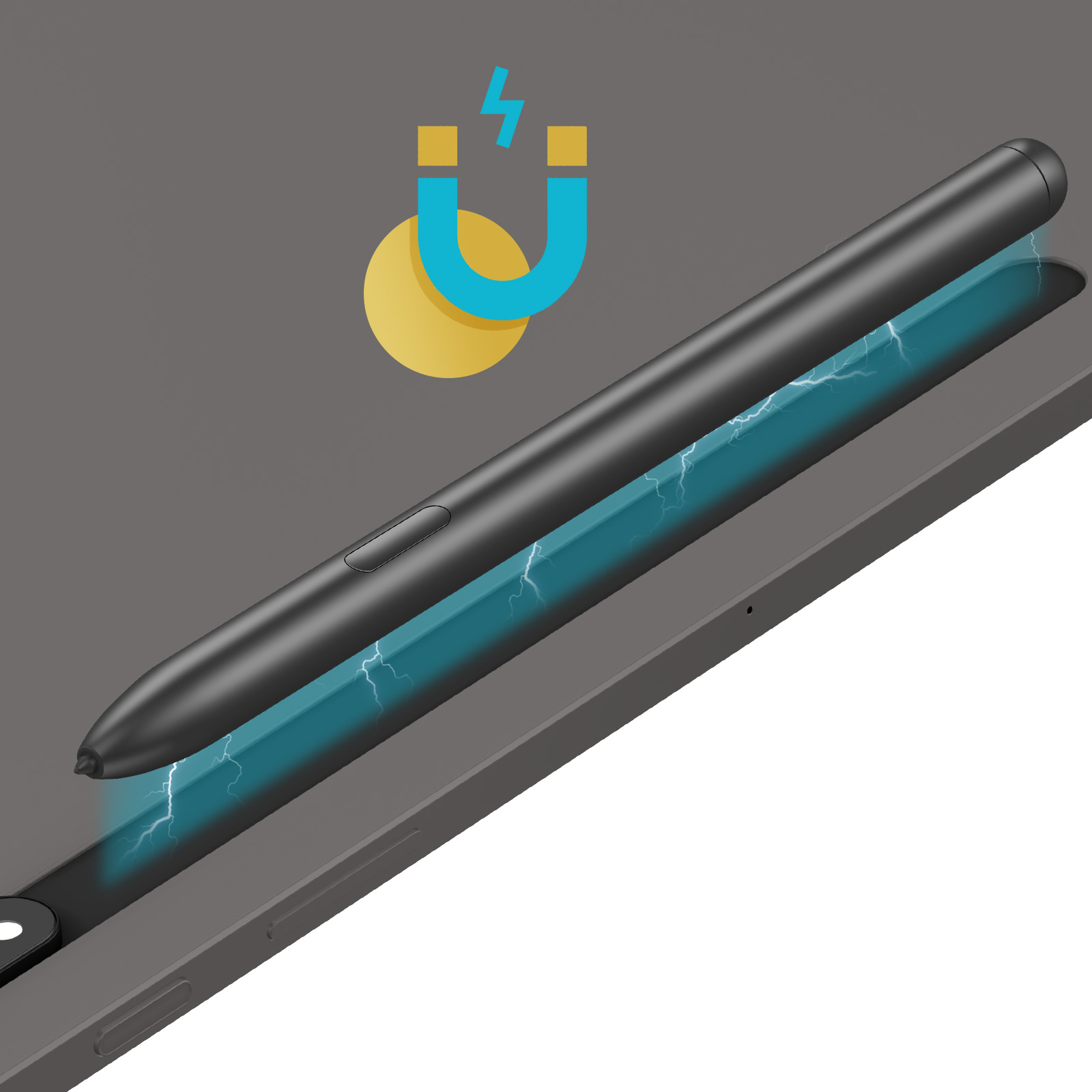 Ein schwarzer Eingabestift haftet magnetisch an einer Tabletkante, dargestellt mit Magnetsymbol und blauer Energie.