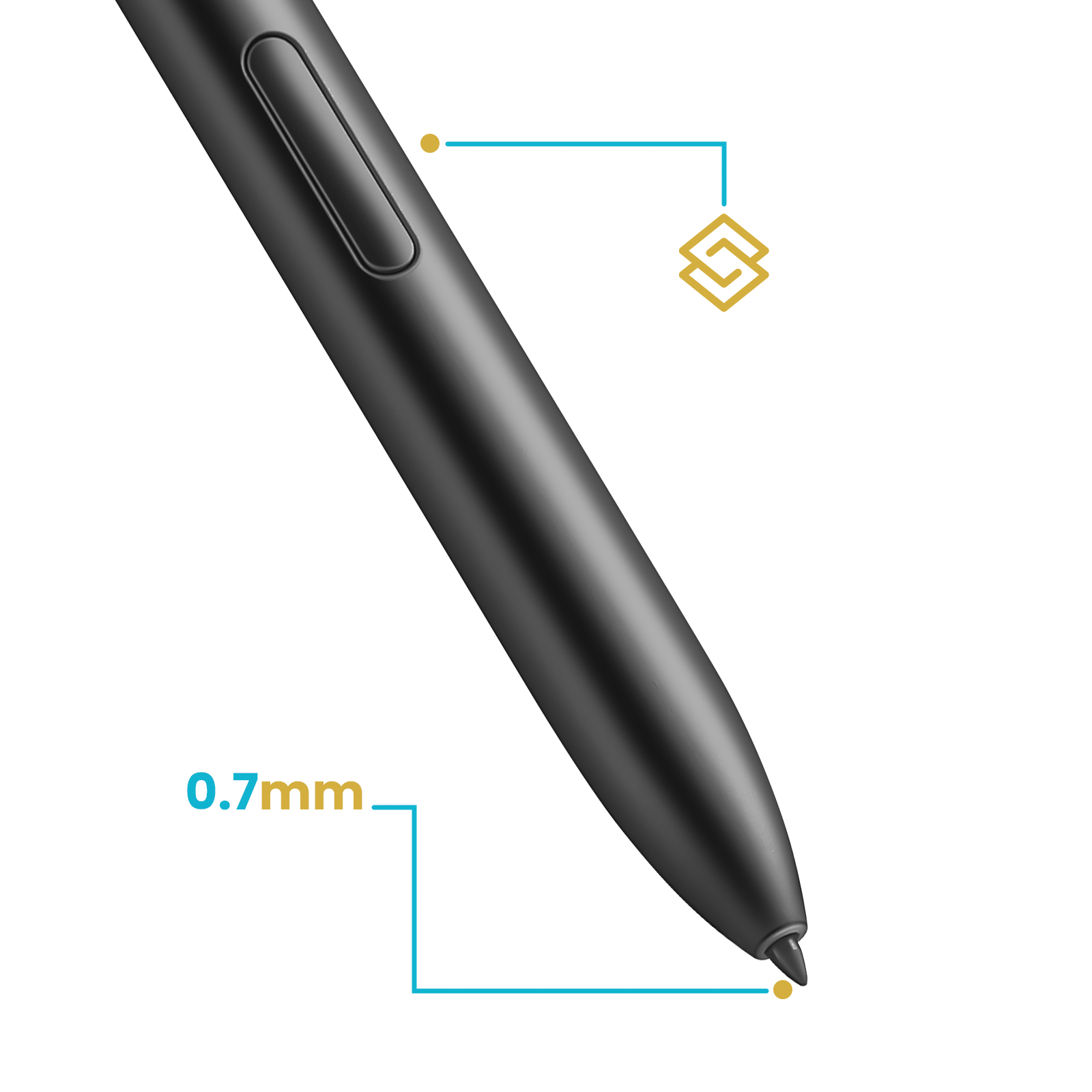 Ein schwarzer Stift mit Knopfdruck und einer 0,7 mm Spitze auf weißem Hintergrund.