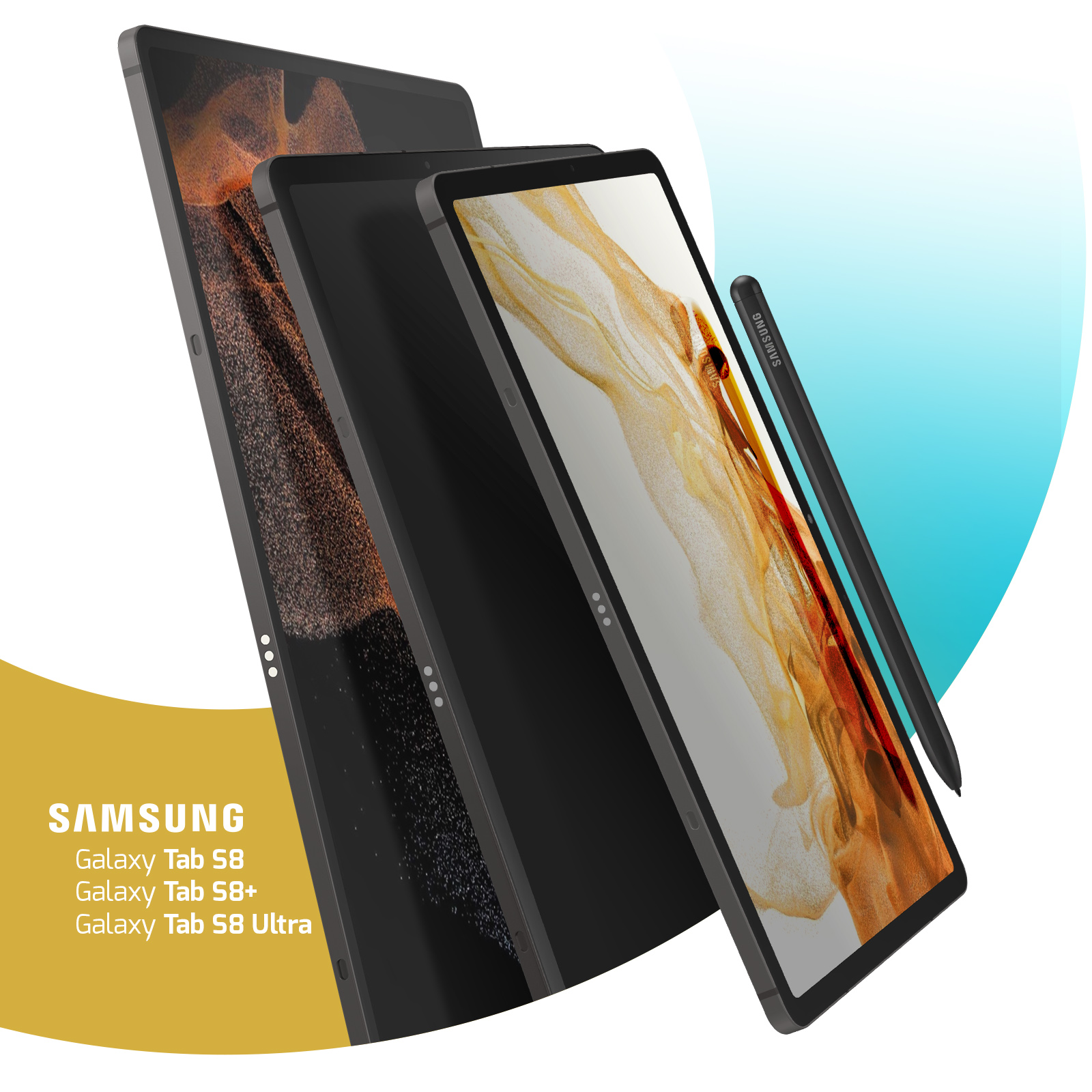 Drei Samsung Galaxy Tab S8 Tablets mit einem Stylus vor blau-goldenem Hintergrund.