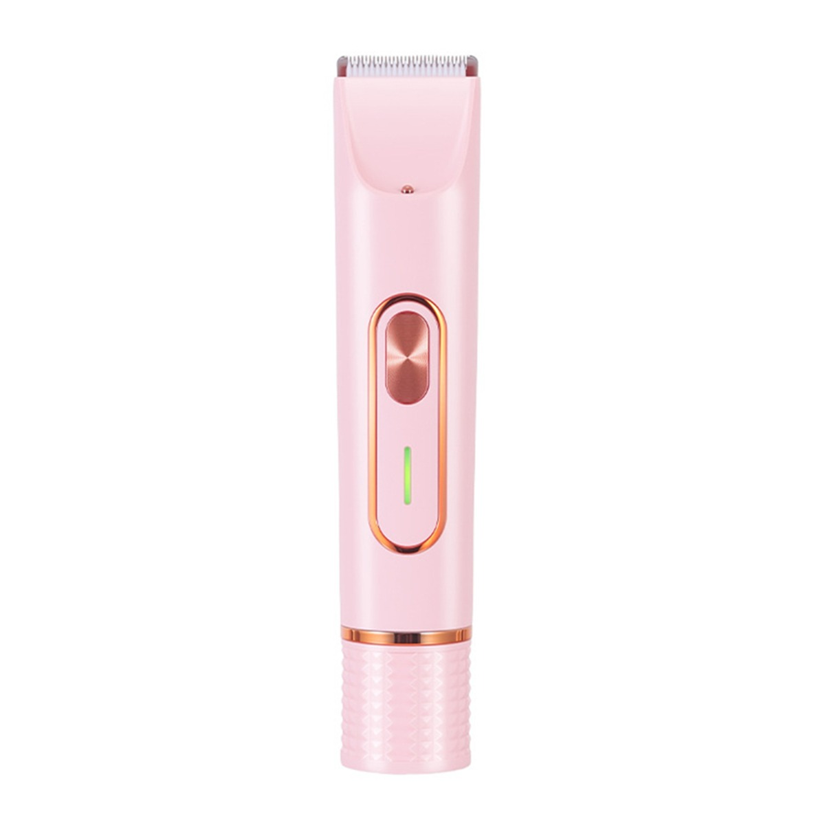 Ein rosa elektrischer Haarschneider mit roségoldenem Einschaltknopf und strukturiertem Fuß auf weißem Hintergrund.