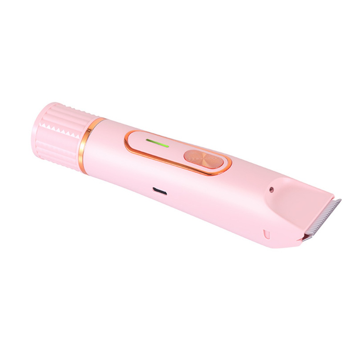 Ein tragbarer rosa elektrischer Haartrimmer mit goldenen Akzenten und einer silbernen Klinge auf einem weißen Hintergrund.