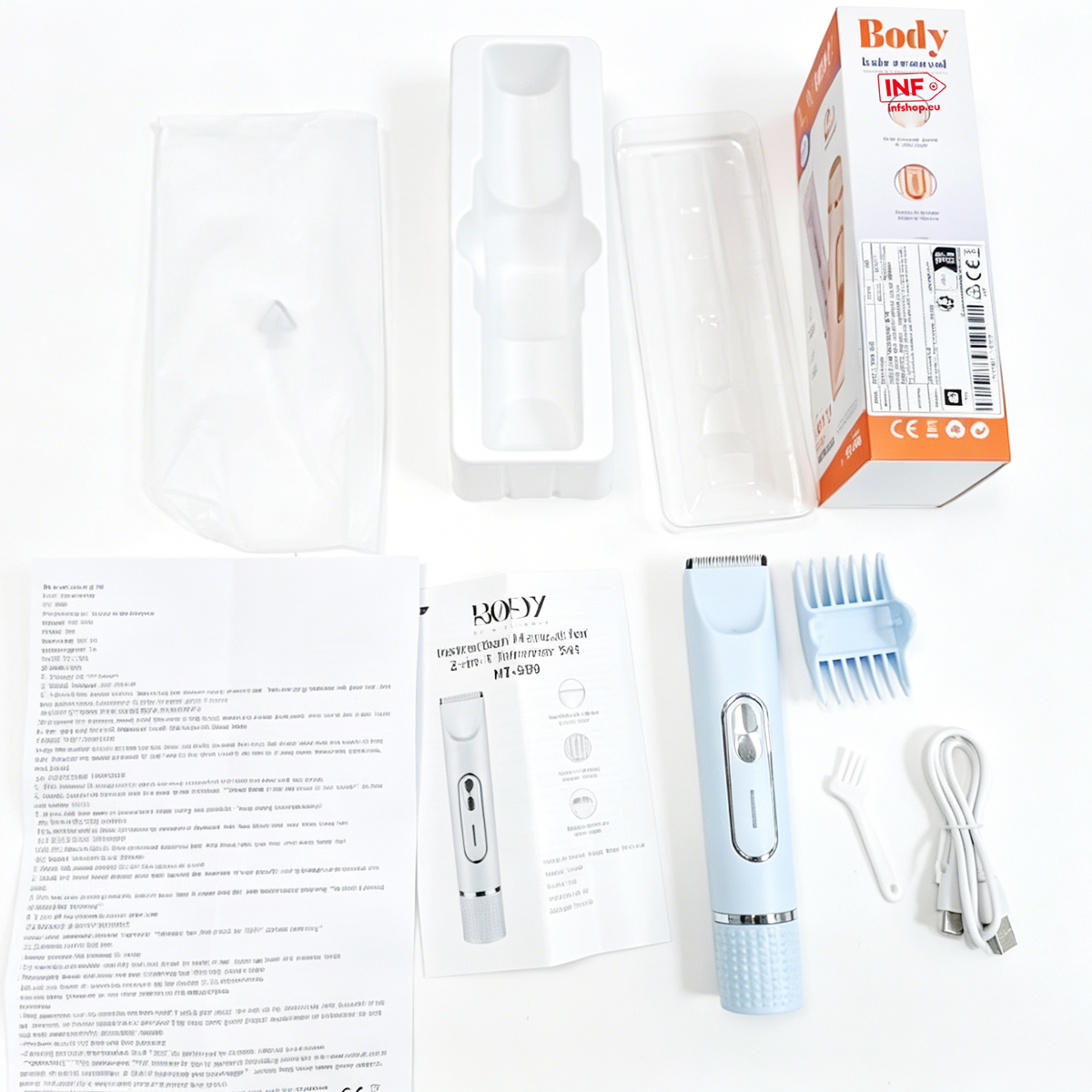 Hellblauer Haartrimmer mit Verpackung, Zubehör, Handbuch und weißem Hintergrund.