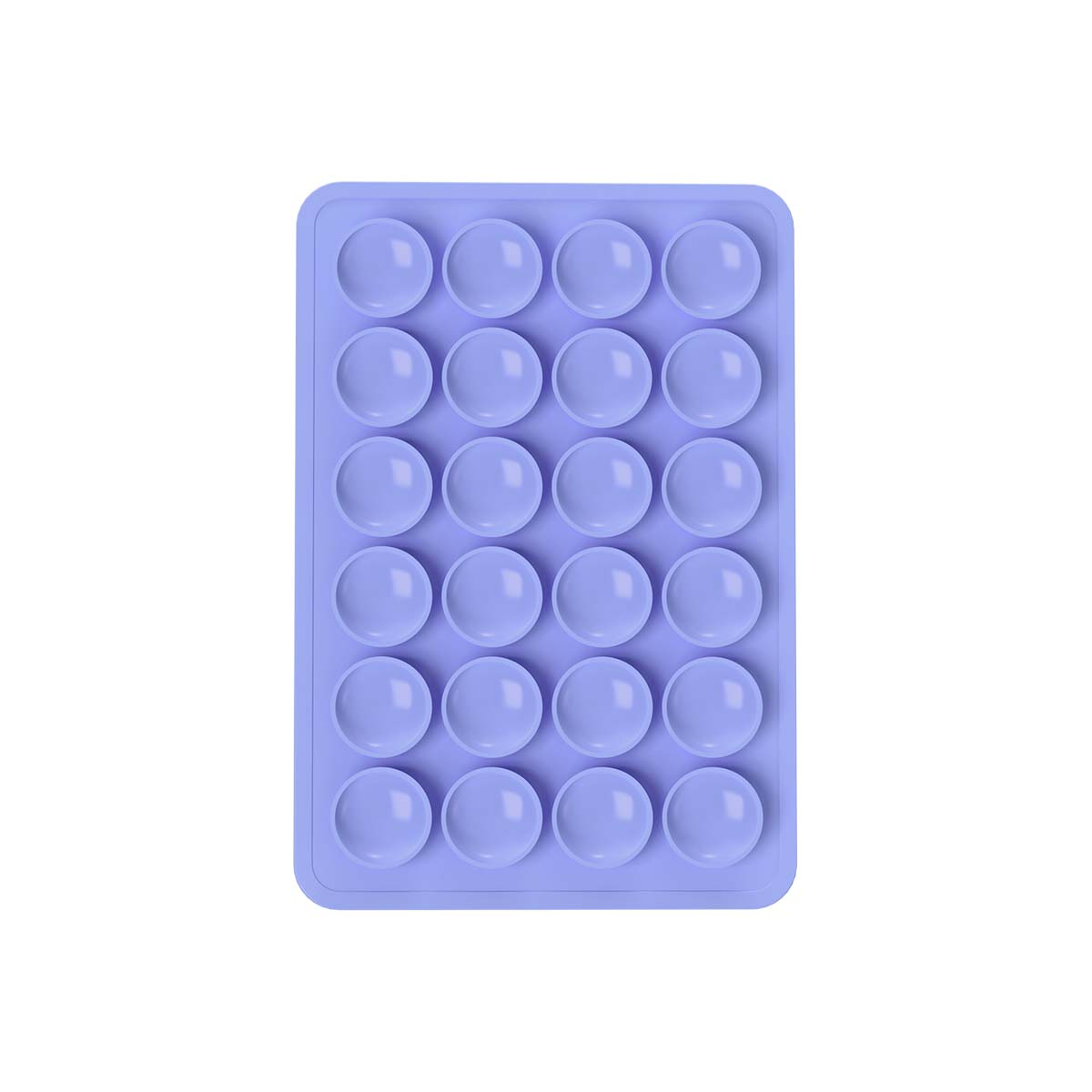 Eine rechteckige, violette Silikonform mit sechs Reihen aus je vier runden Vertiefungen.