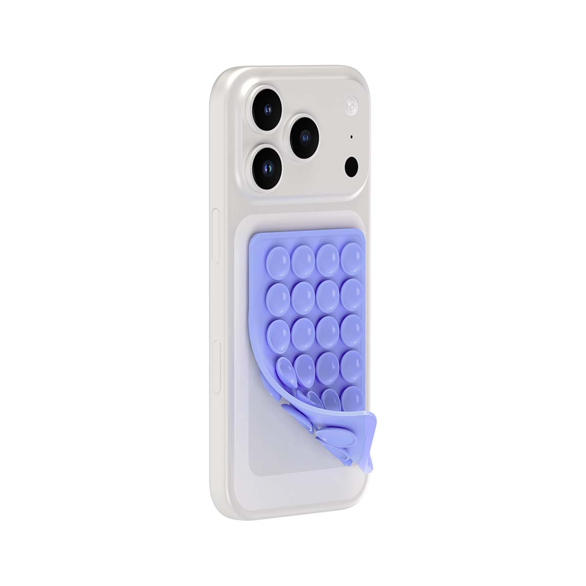 Ein weißes Smartphone mit drei Kameralinsen und einer abgezogenen, violetten Bubble-Fidget-Toy-Handyhülle auf der Rückseite.