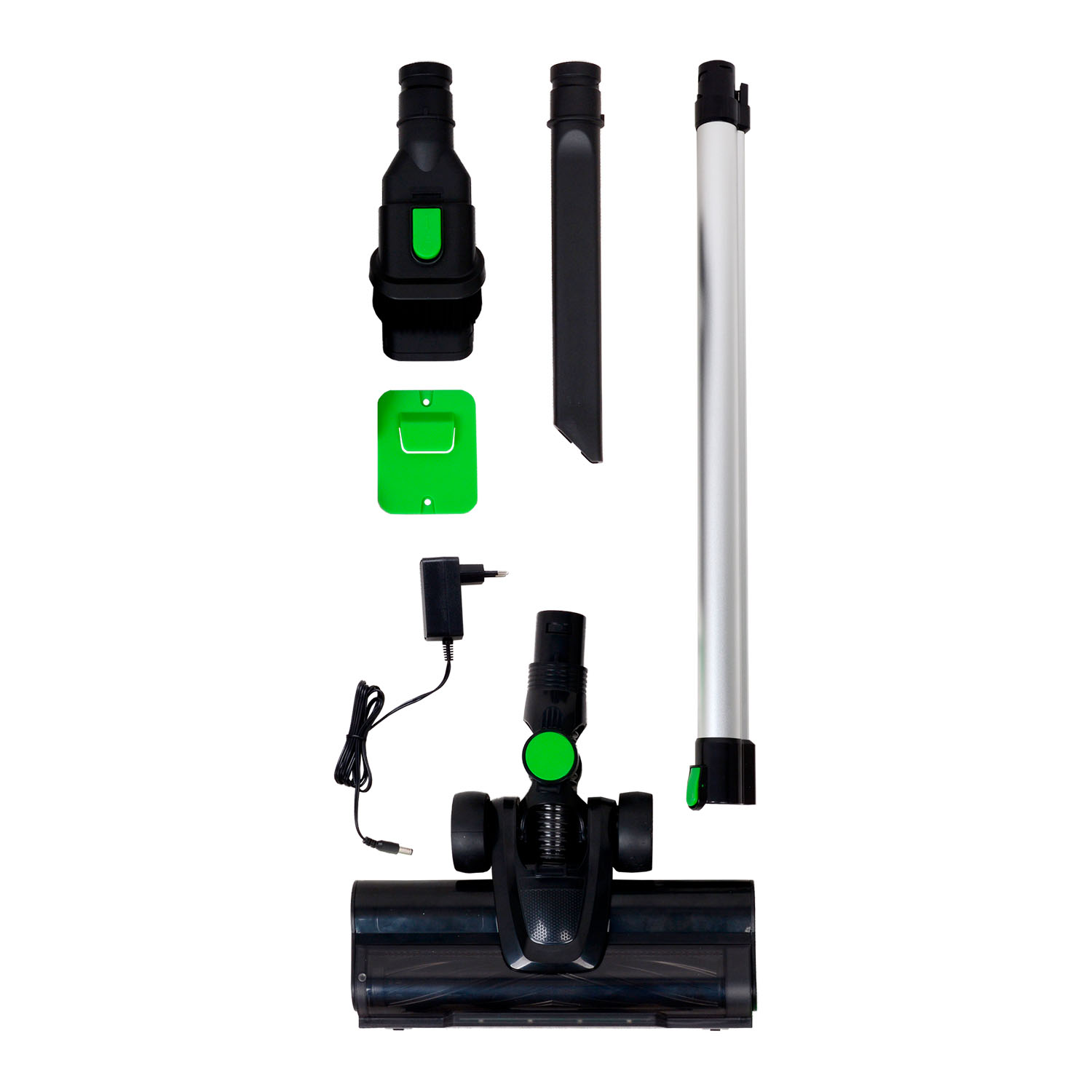 Accesorios para aspiradora que incluyen cepillo, tubo y adaptador de corriente, sobre fondo blanco.