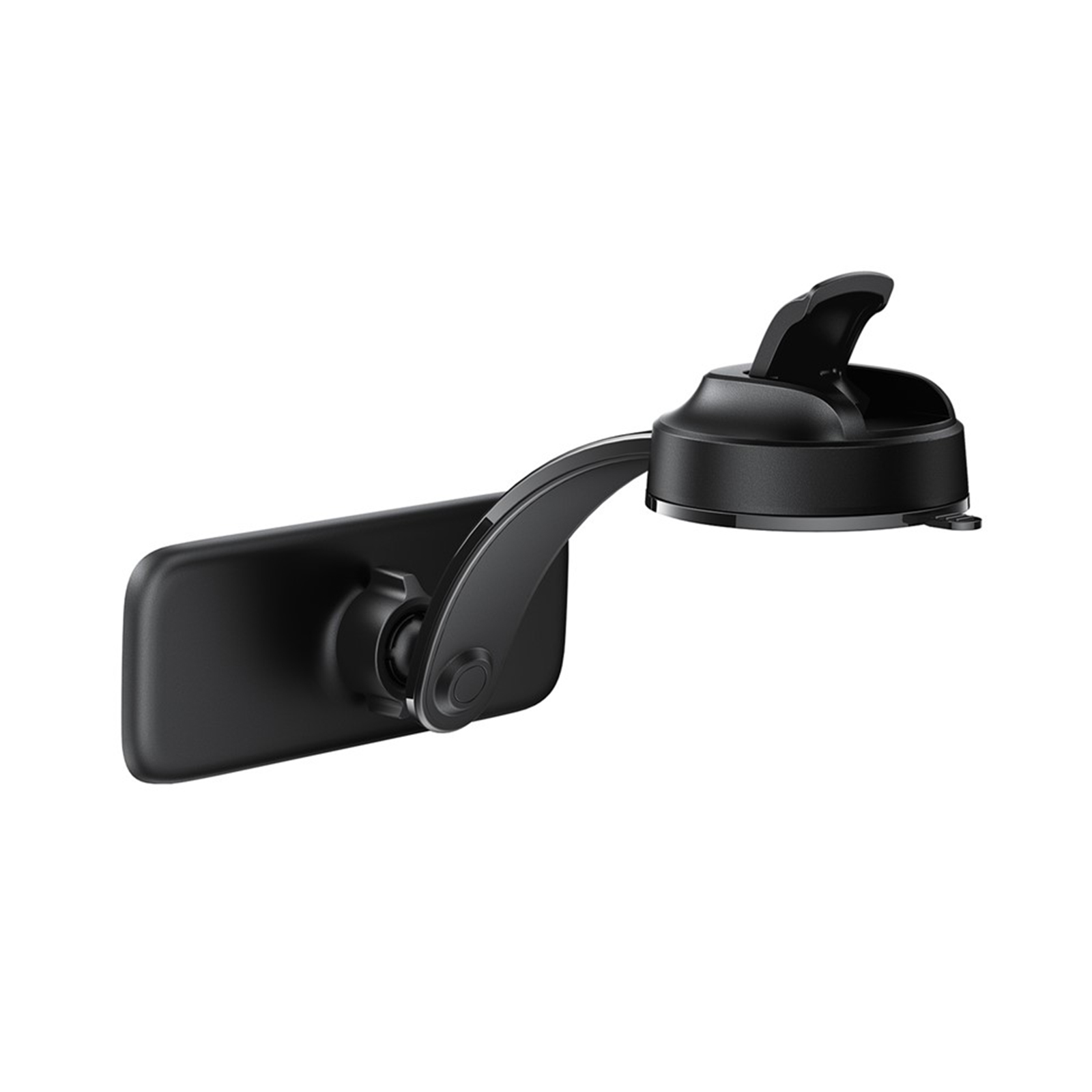 Schwarzer Handyhalter für das Auto mit einer runden Saugnapfbasis und verstellbarem Arm auf einem weißen Hintergrund.