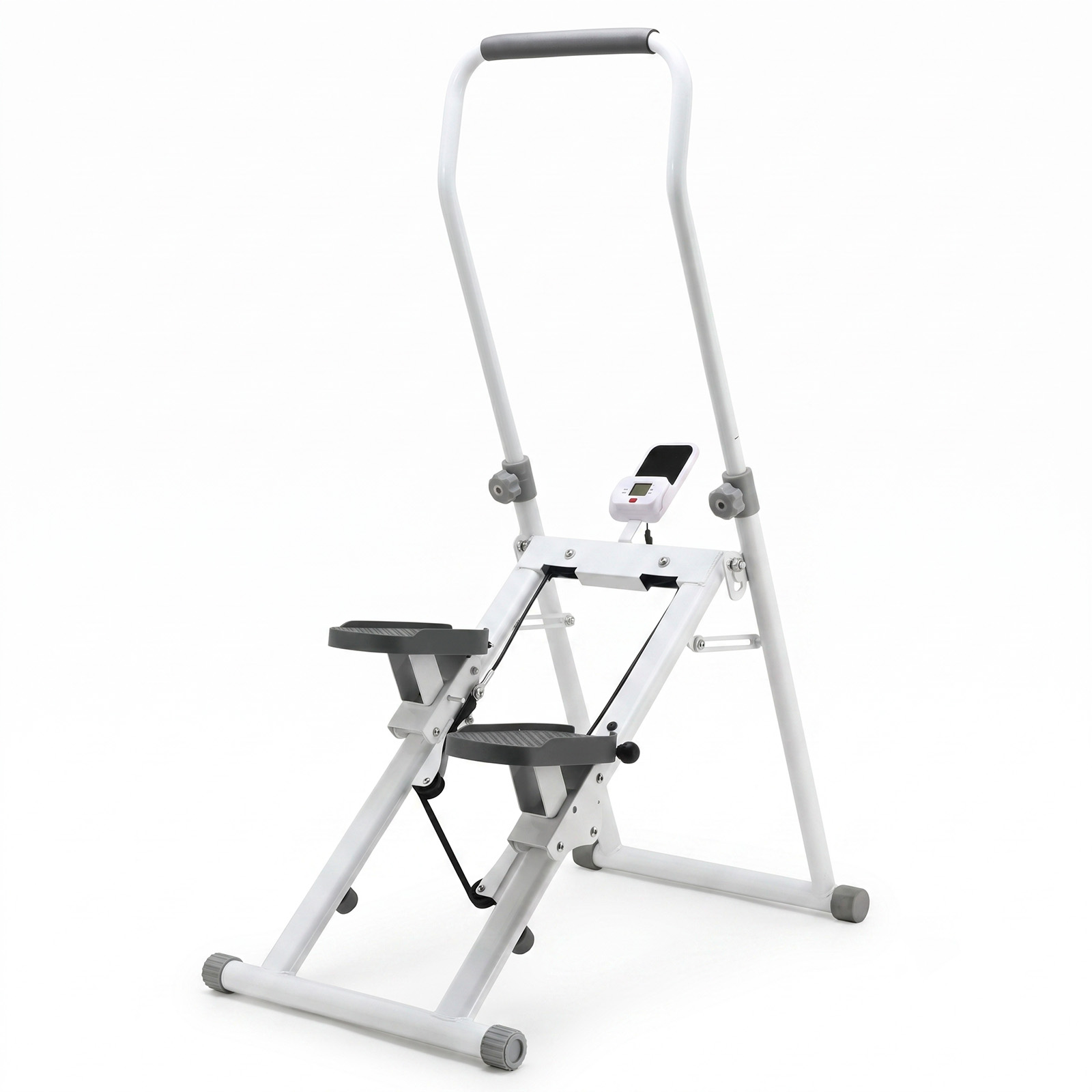 Ein weißer Heimtrainer mit zwei Pedalen, einem Display und einem hohen Haltegriff auf weißem Hintergrund.