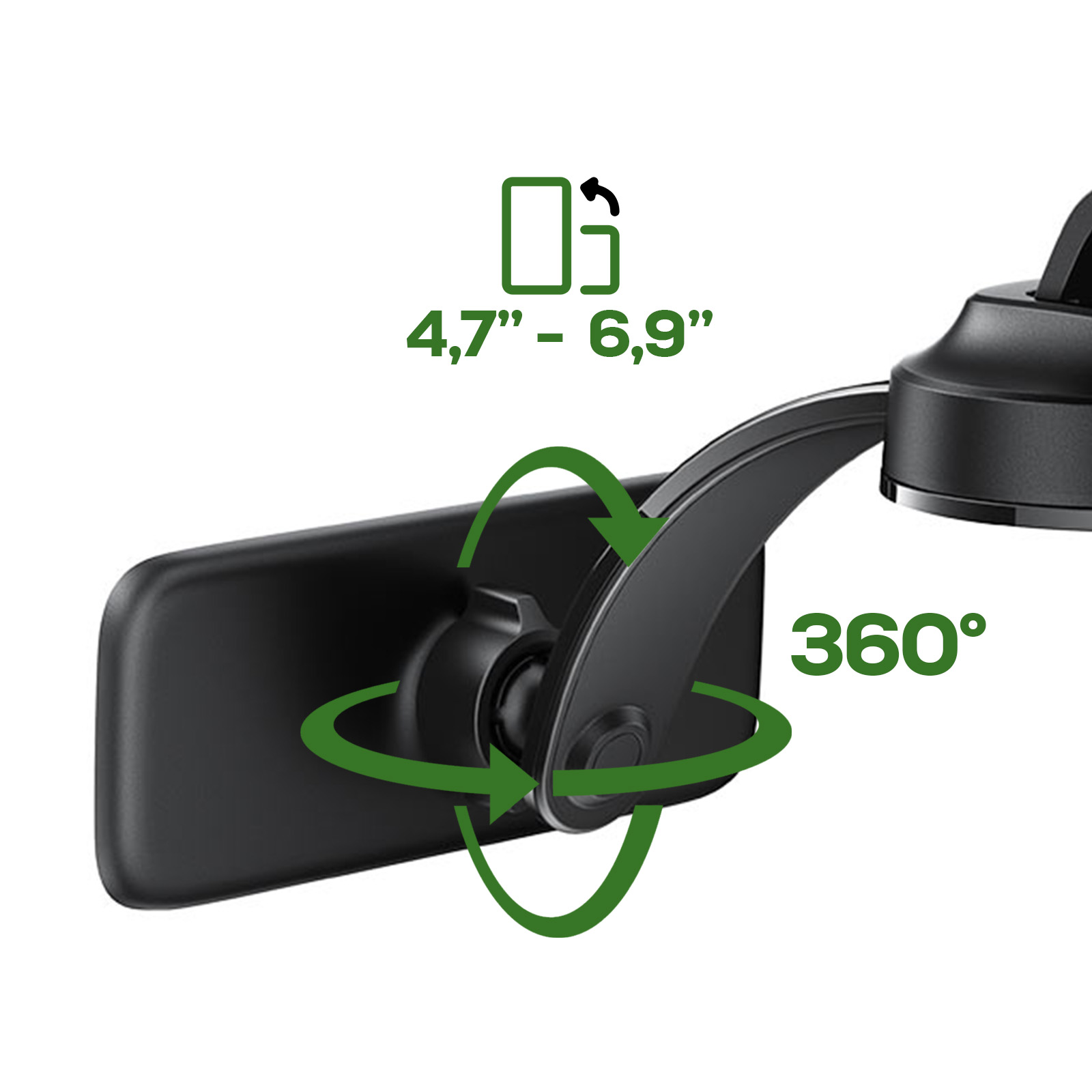 Schwarze Handyhalterung mit 360-Grad-Drehung für Handys von 4,7 bis 6,9 Zoll.