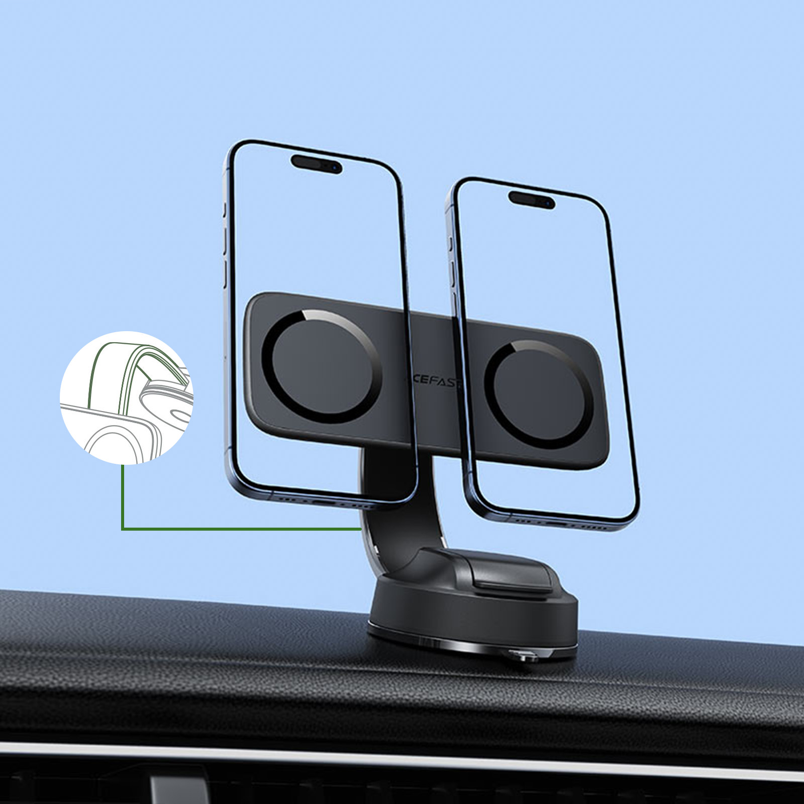 Eine duale kabellose Autohalterung auf einem Armaturenbrett hält zwei Smartphones fest.