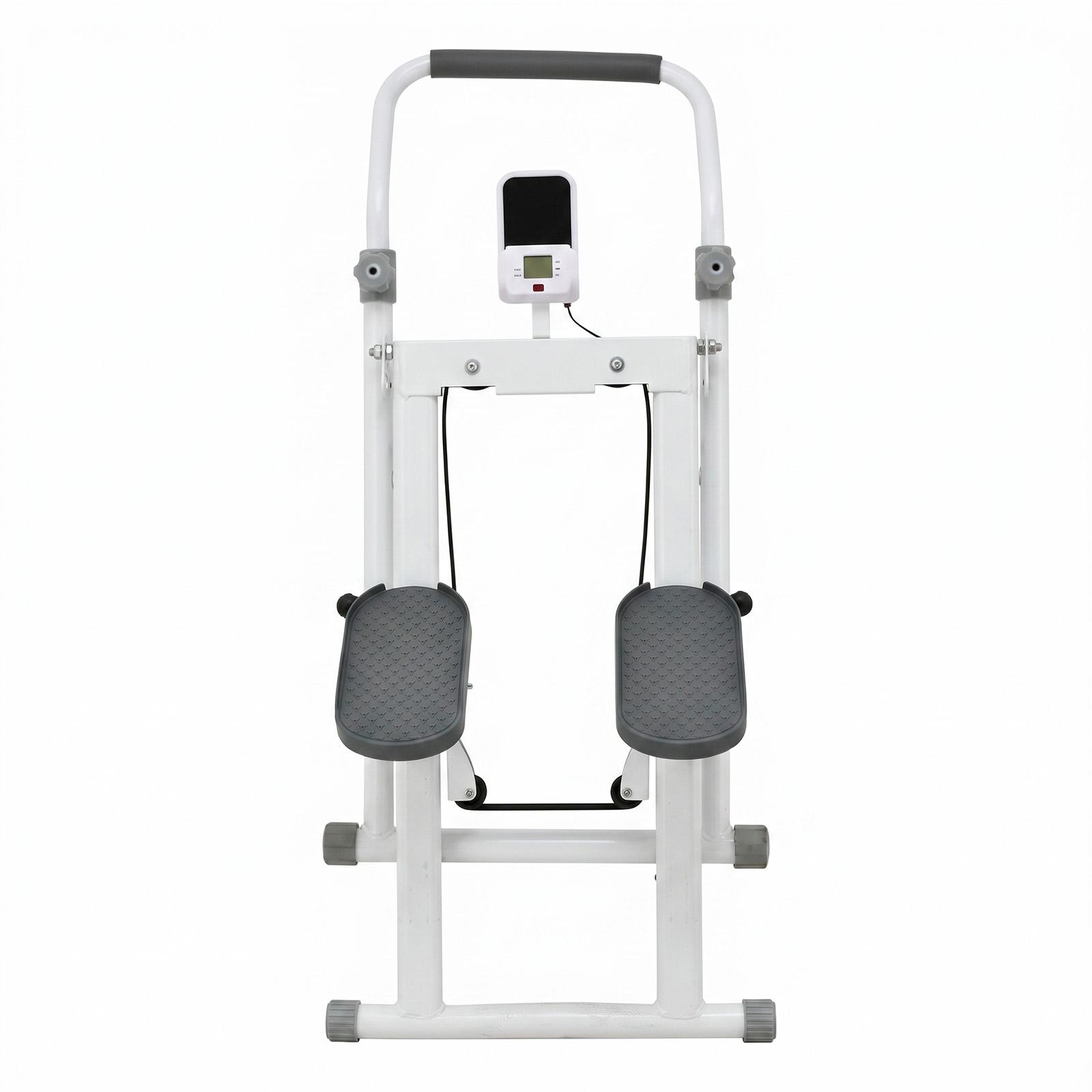 Ein weißer Heimtrainer mit grauen Trittflächen und einem kleinen Display auf weißem Hintergrund.