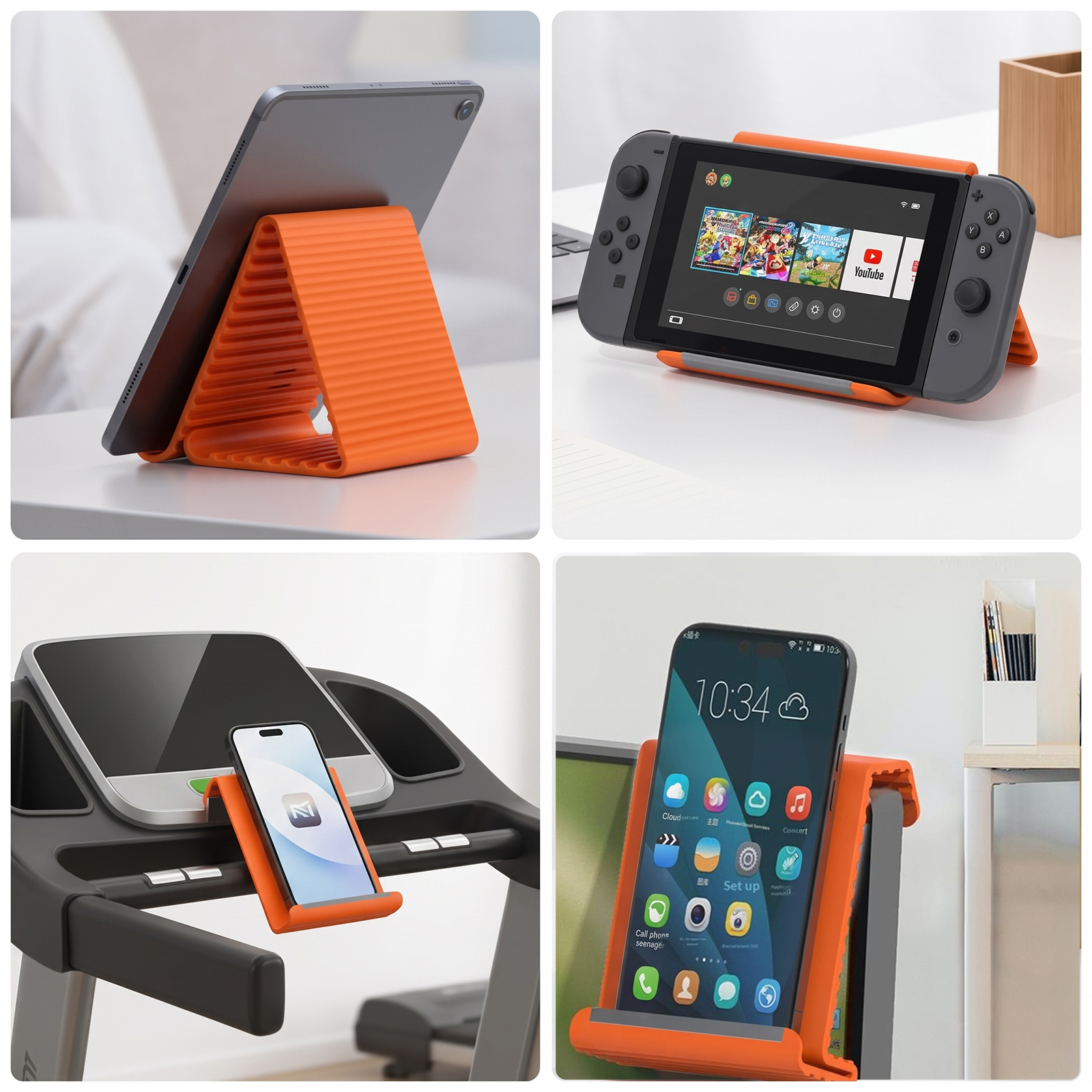 Ein orangefarbener, dreieckiger Silikonständer hält verschiedene Geräte wie Tablets, Konsolen und Smartphones.