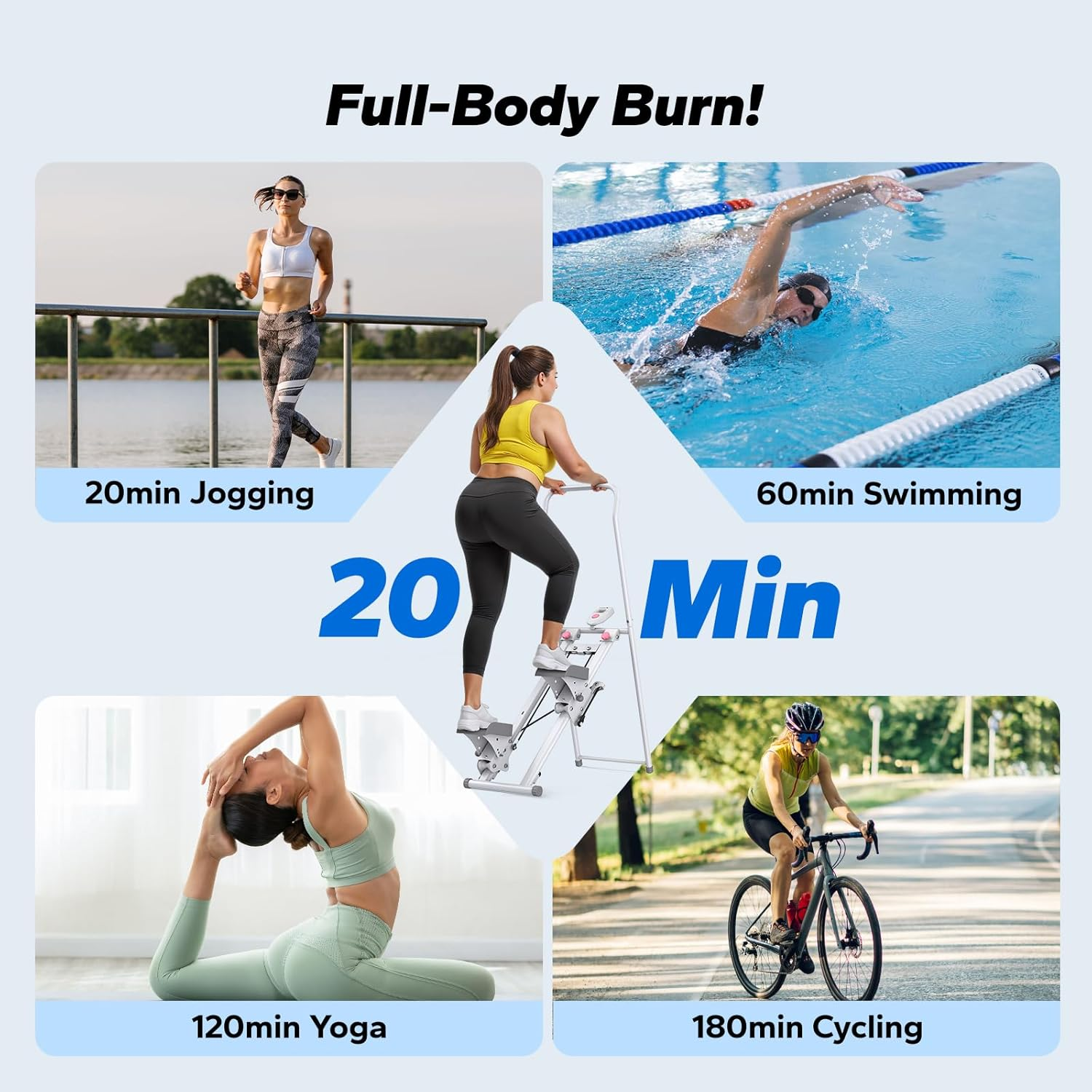 Fitness-Collage mit Joggen, Schwimmen, Yoga, Radfahren und Stepper.