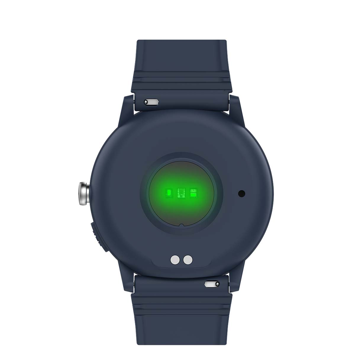 Rückseite einer blauen Smartwatch mit aktivem grünen Pulsmesser und Ladekontakten.