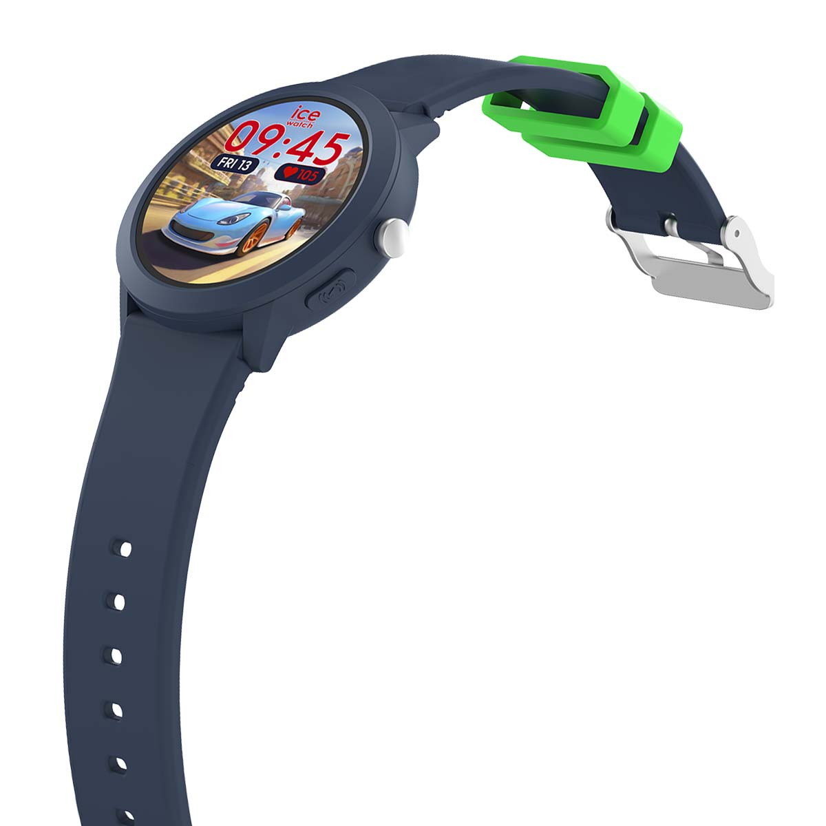 Blaue Smartwatch mit runden Bildschirm, Auto-Zifferblatt und grünem Bandhalter auf weißem Hintergrund.