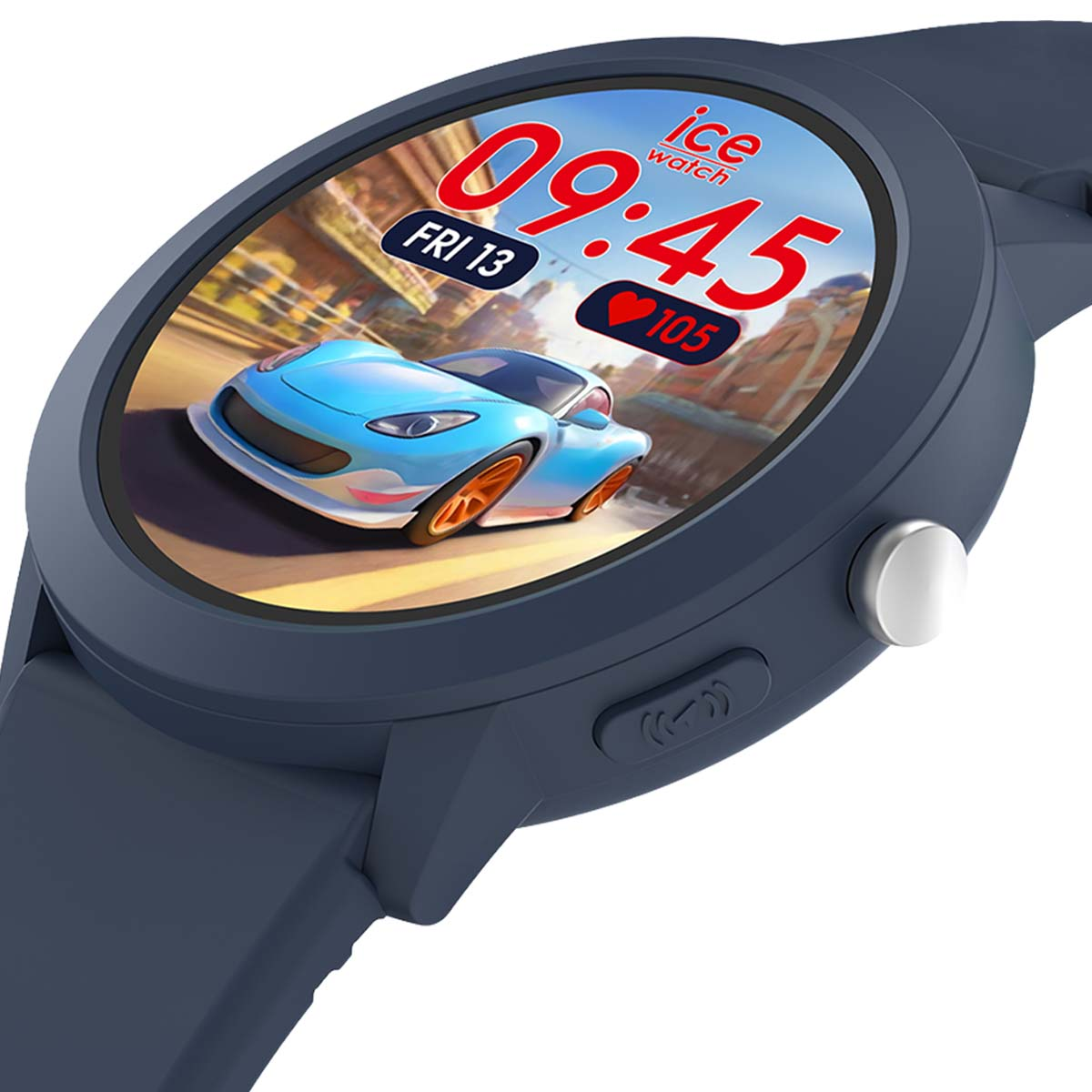 Blaue Smartwatch mit runden Display zeigt Uhrzeit, Herzfrequenz und ein blaues Auto auf dem Bildschirm.